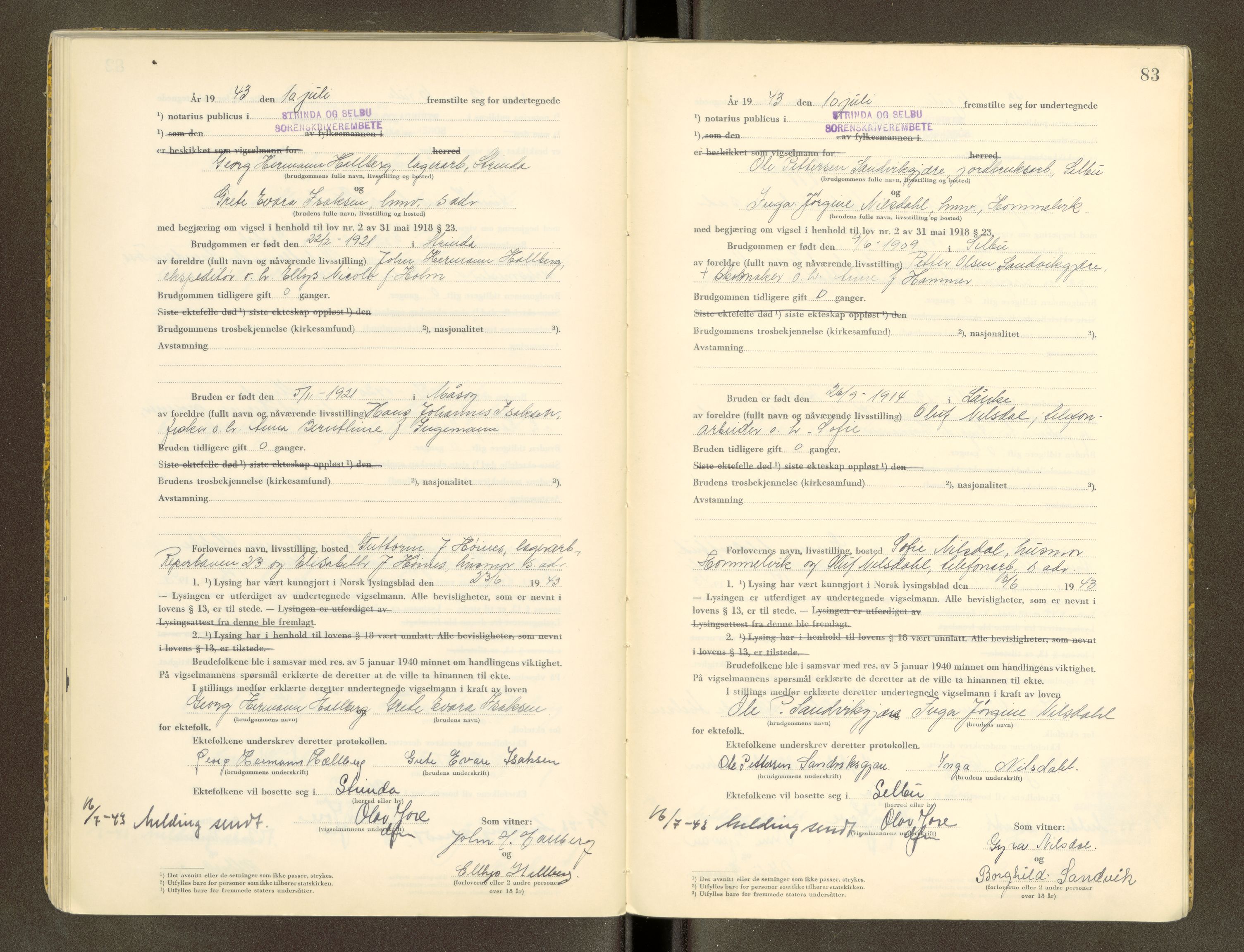 Strinda og Selbu sorenskriveri, AV/SAT-A-0015/6/6D/L0005: Vigselsbok, 1942-1943, s. 83