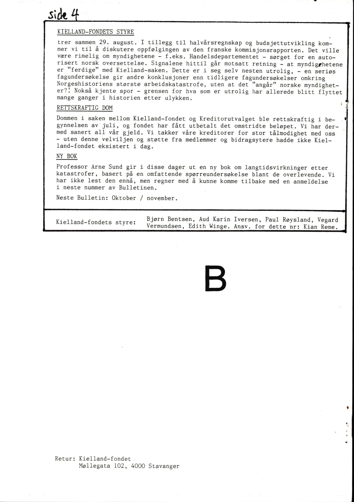 Pa 1660 - Kielland- fondet, AV/SAST-A-102242/X/Xa/L0001: Rapport til overlevende og etterlatte/ Kielland Bulletin, 1980-1998