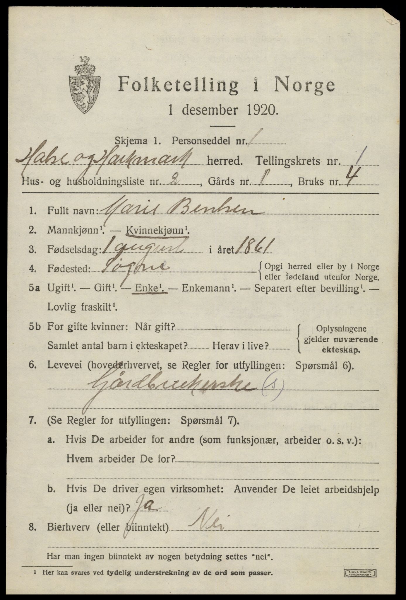 SAK, Folketelling 1920 for 1019 Halse og Harkmark herred, 1920, s. 1491