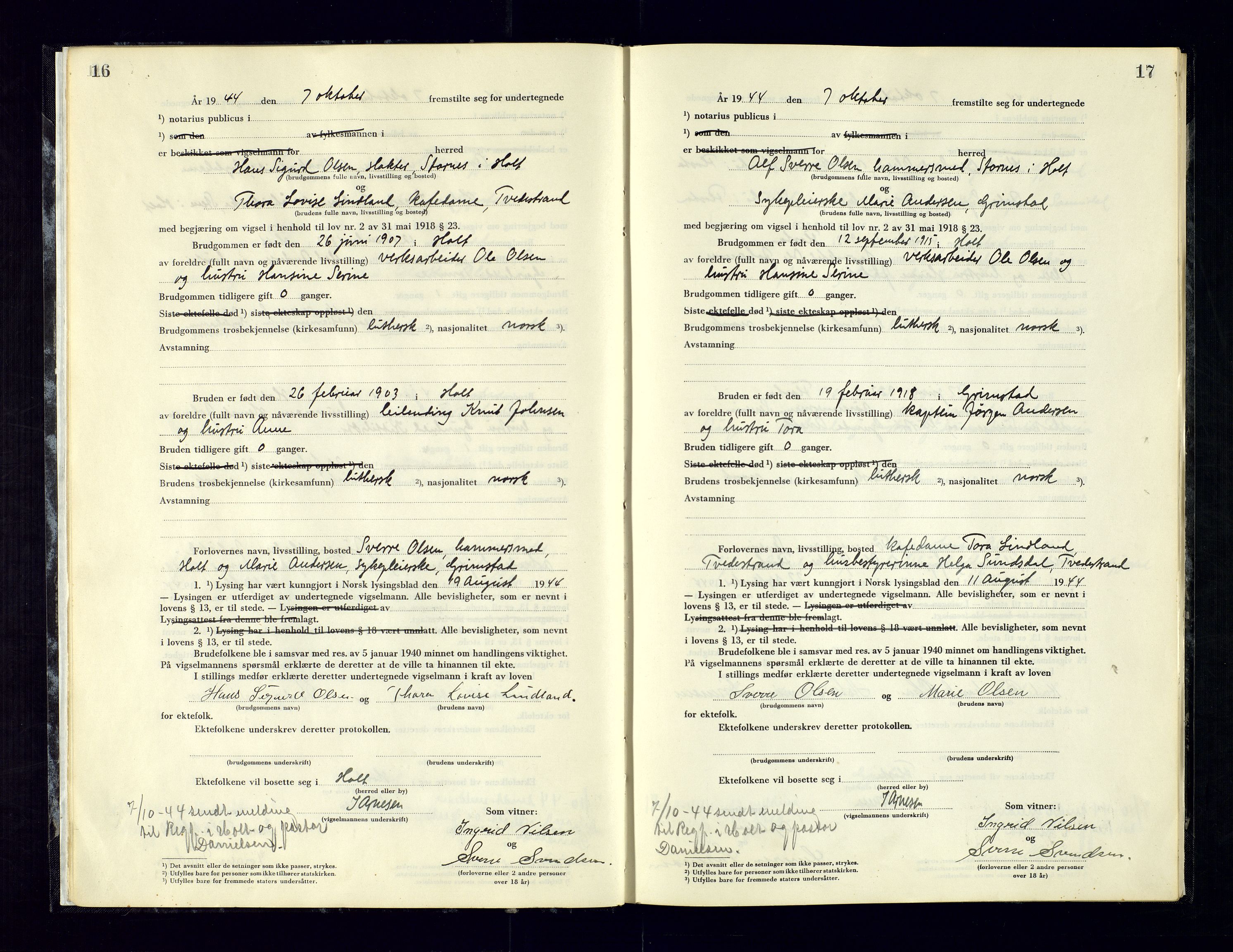 Holt sorenskriveri, AV/SAK-1221-0002/L/Ld/L0003: Vigselbok nr. 2, 1944-1964, s. 16-17