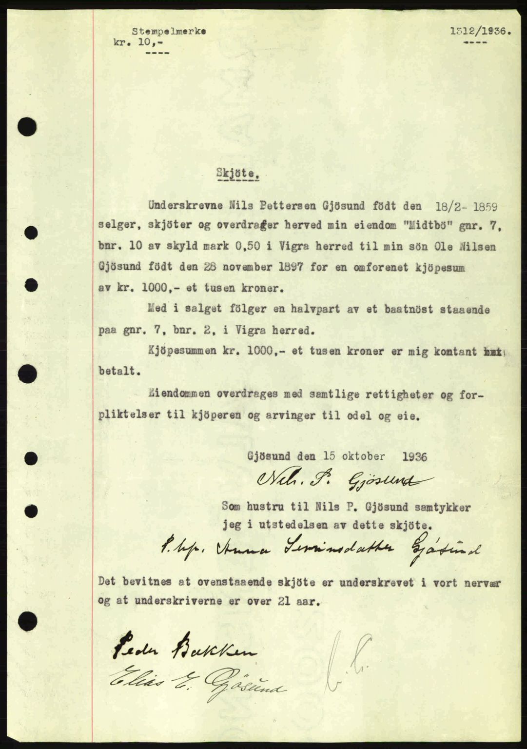 Nordre Sunnmøre sorenskriveri, SAT/A-0006/1/2/2C/2Ca: Pantebok nr. A2, 1936-1937, Dagboknr: 1312/1936