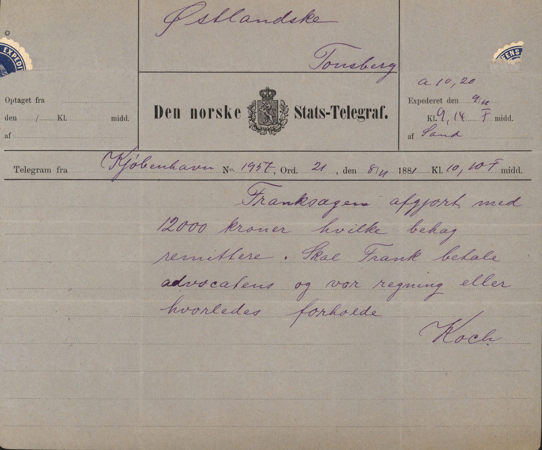 Pa 63 - Østlandske skibsassuranceforening, VEMU/A-1079/G/Ga/L0014/0004: Havaridokumenter / Bertrand, Frigga, Frank, Nordafjeld, 1881, s. 79