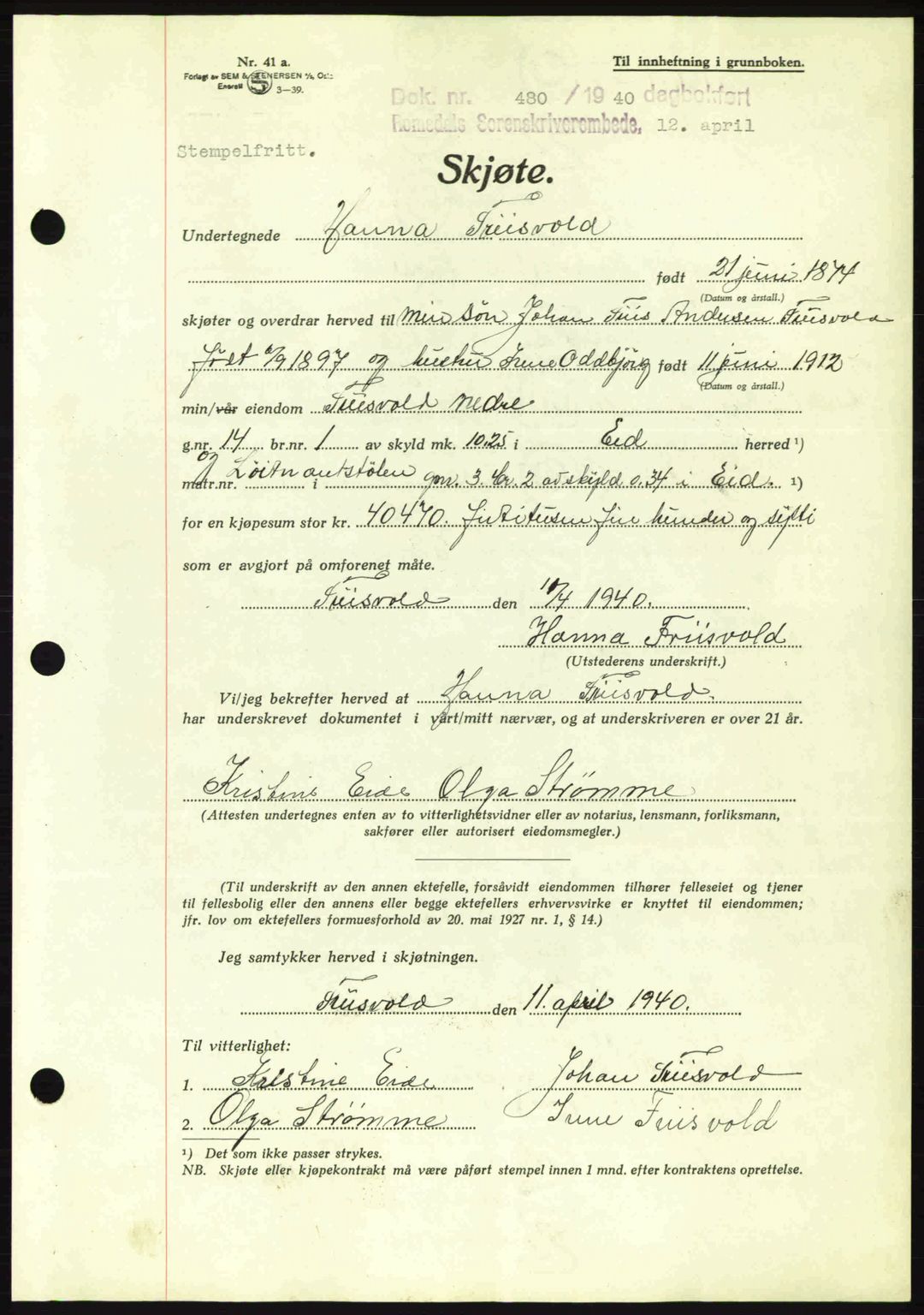 Romsdal sorenskriveri, AV/SAT-A-4149/1/2/2C: Pantebok nr. A8, 1939-1940, Dagboknr: 480/1940