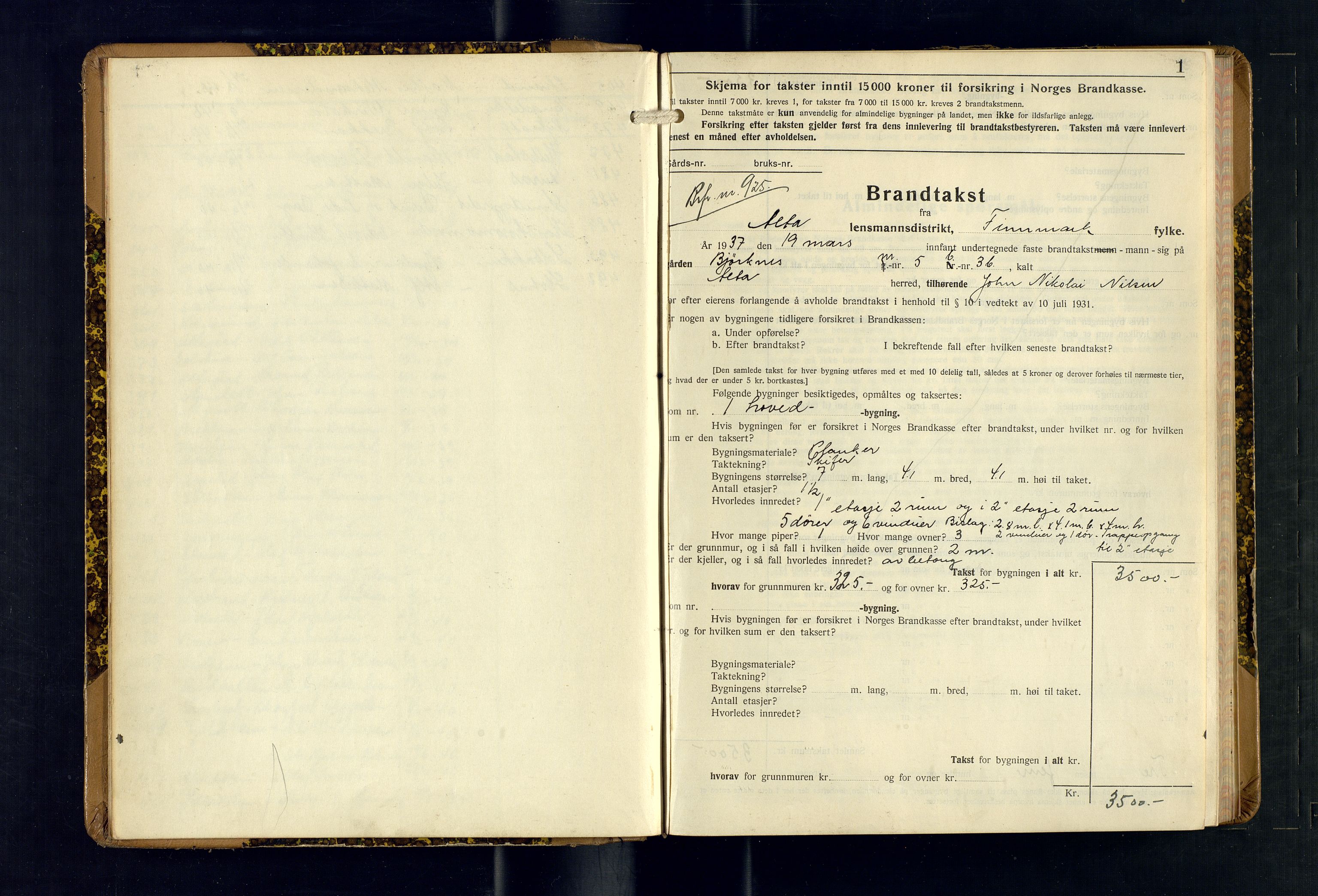 Alta lensmannskontor, AV/SATØ-S-1165/O/Ob/L0178: Branntakstprotokoll, 1937-1940, s. 1