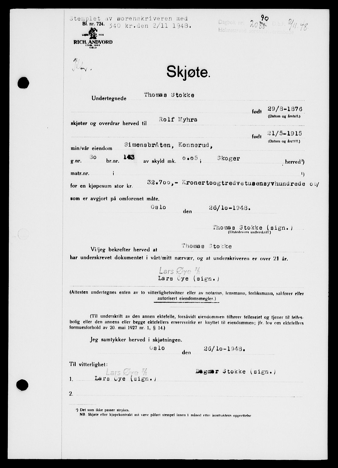 Holmestrand sorenskriveri, SAKO/A-67/G/Ga/Gaa/L0065: Pantebok nr. A-65, 1948-1949, Dagboknr: 2090/1948
