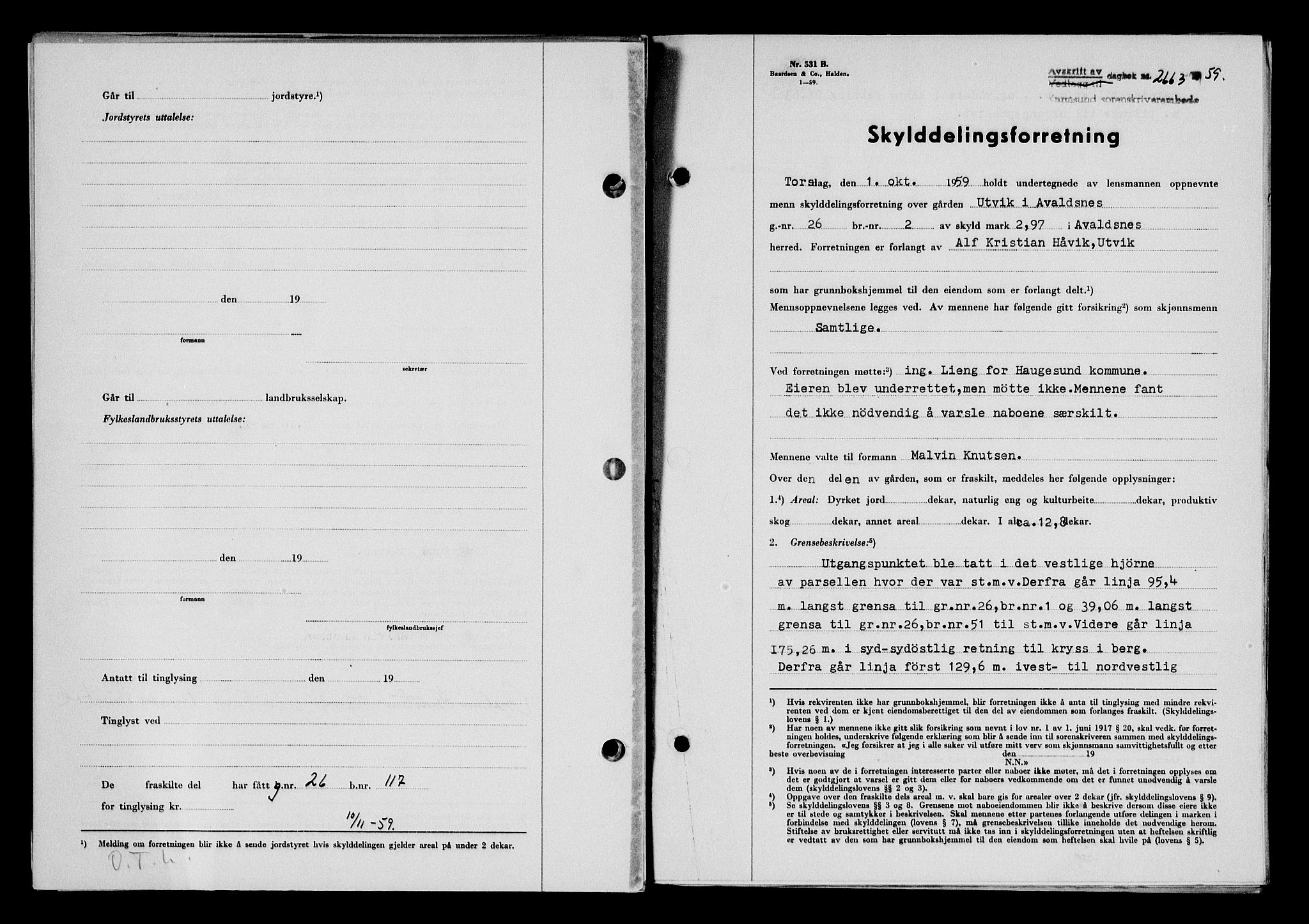 Karmsund sorenskriveri, SAST/A-100311/01/II/IIB/L0132: Pantebok nr. 112A, 1959-1959, Dagboknr: 2663/1959