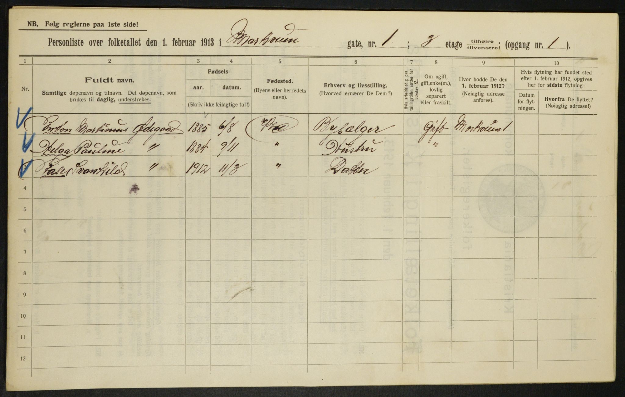 OBA, Kommunal folketelling 1.2.1913 for Kristiania, 1913, s. 62776