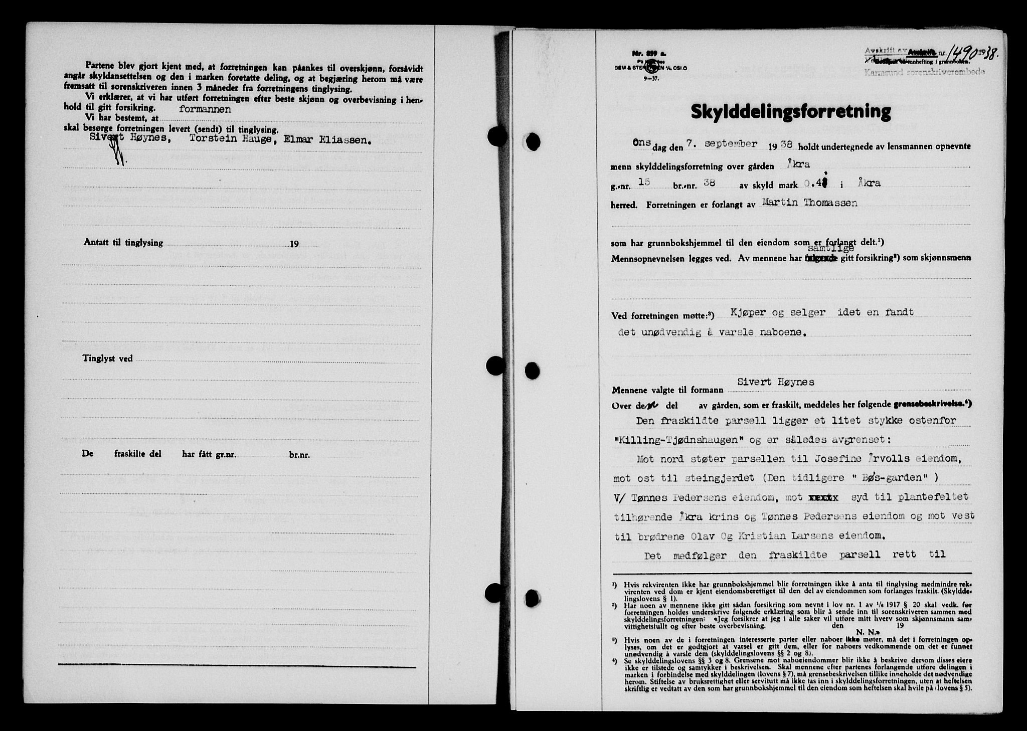 Karmsund sorenskriveri, SAST/A-100311/01/II/IIB/L0070: Pantebok nr. 51A, 1938-1939, Dagboknr: 1490/1938