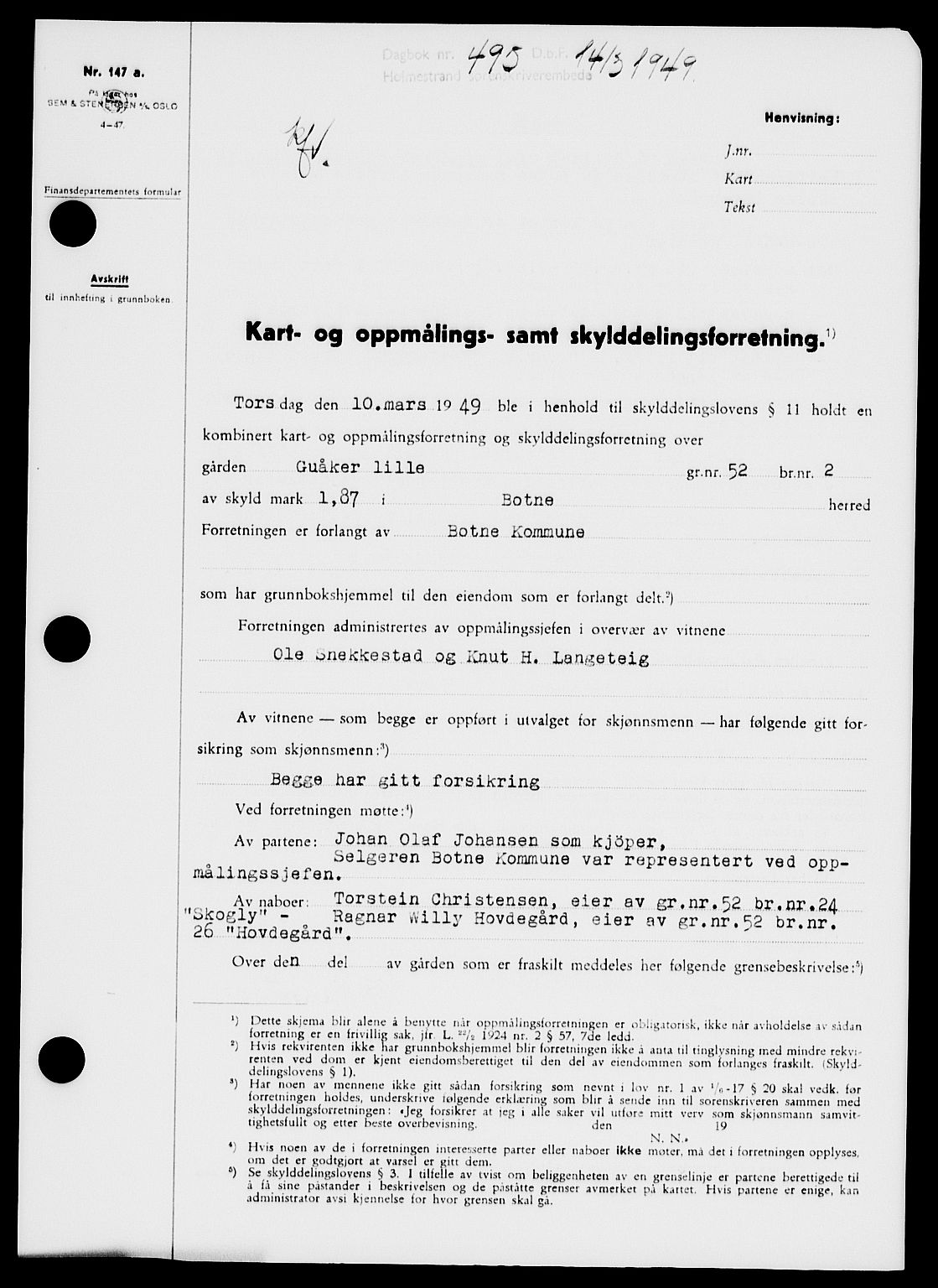 Holmestrand sorenskriveri, SAKO/A-67/G/Ga/Gaa/L0066: Pantebok nr. A-66, 1949-1949, Dagboknr: 495/1949