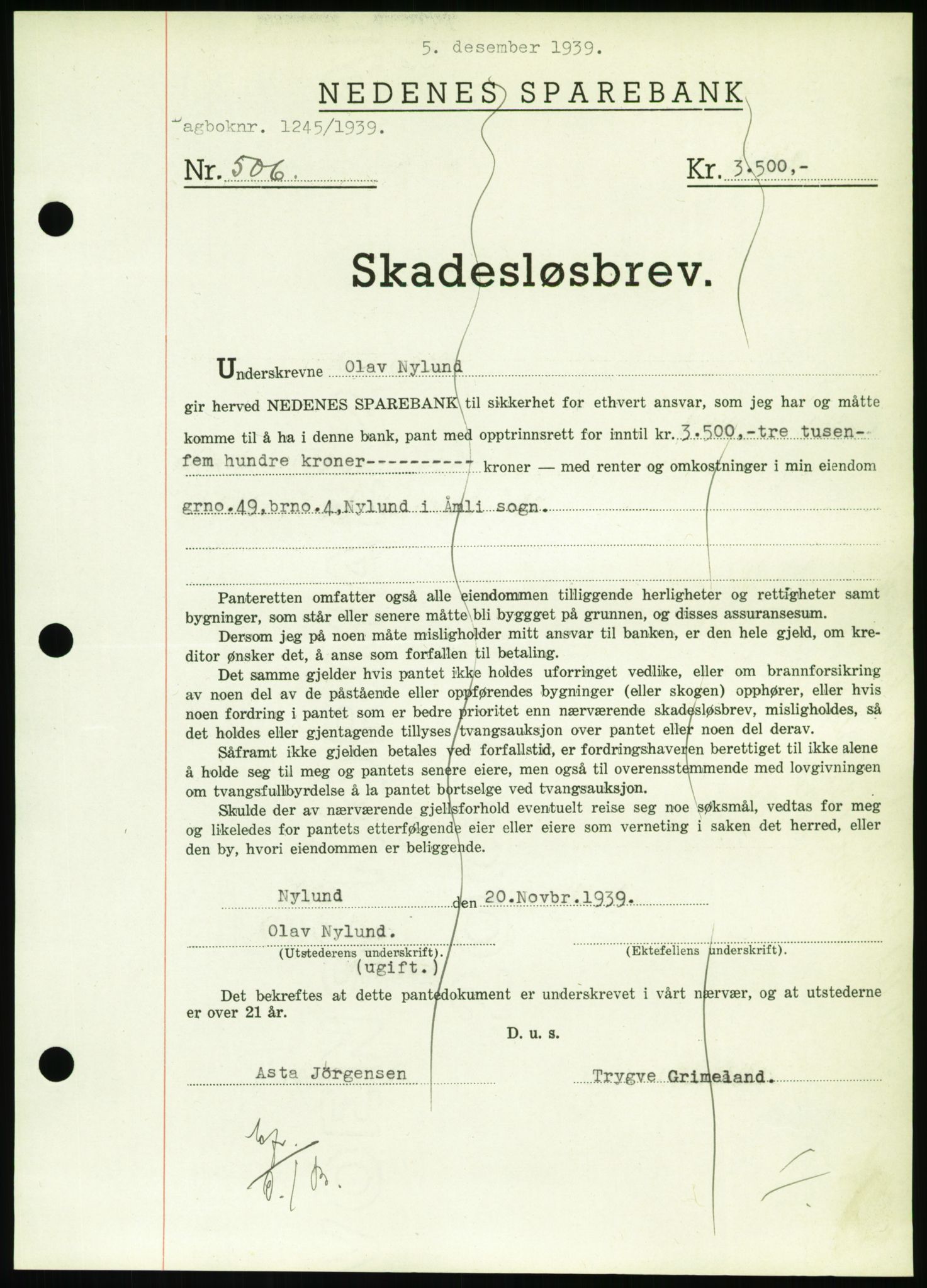 Nedenes sorenskriveri, SAK/1221-0006/G/Gb/Gbb/L0001: Pantebok nr. I, 1939-1942, Dagboknr: 1245/1939