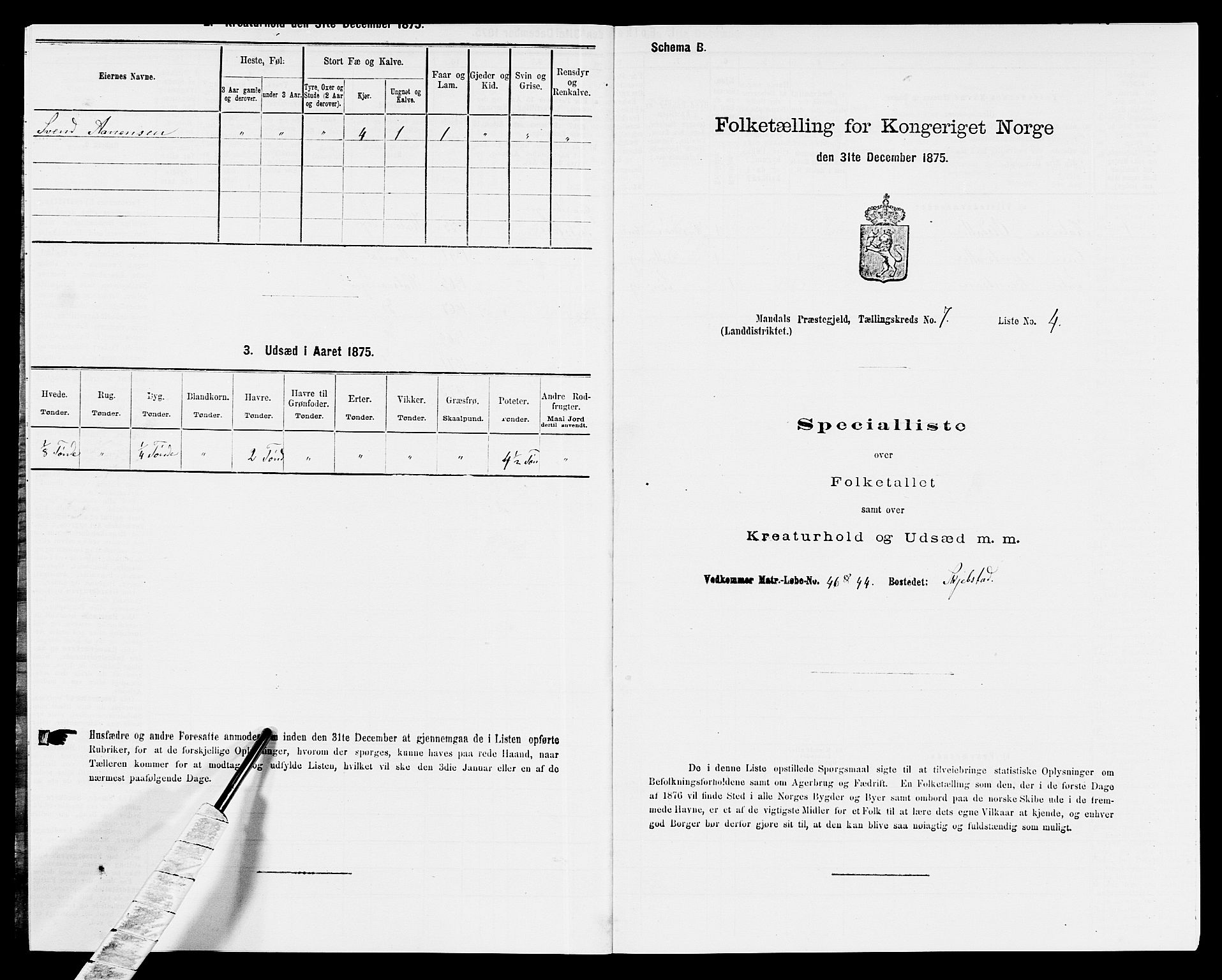 SAK, Folketelling 1875 for 1019L Mandal prestegjeld, Halse sokn og Harkmark sokn, 1875, s. 1020