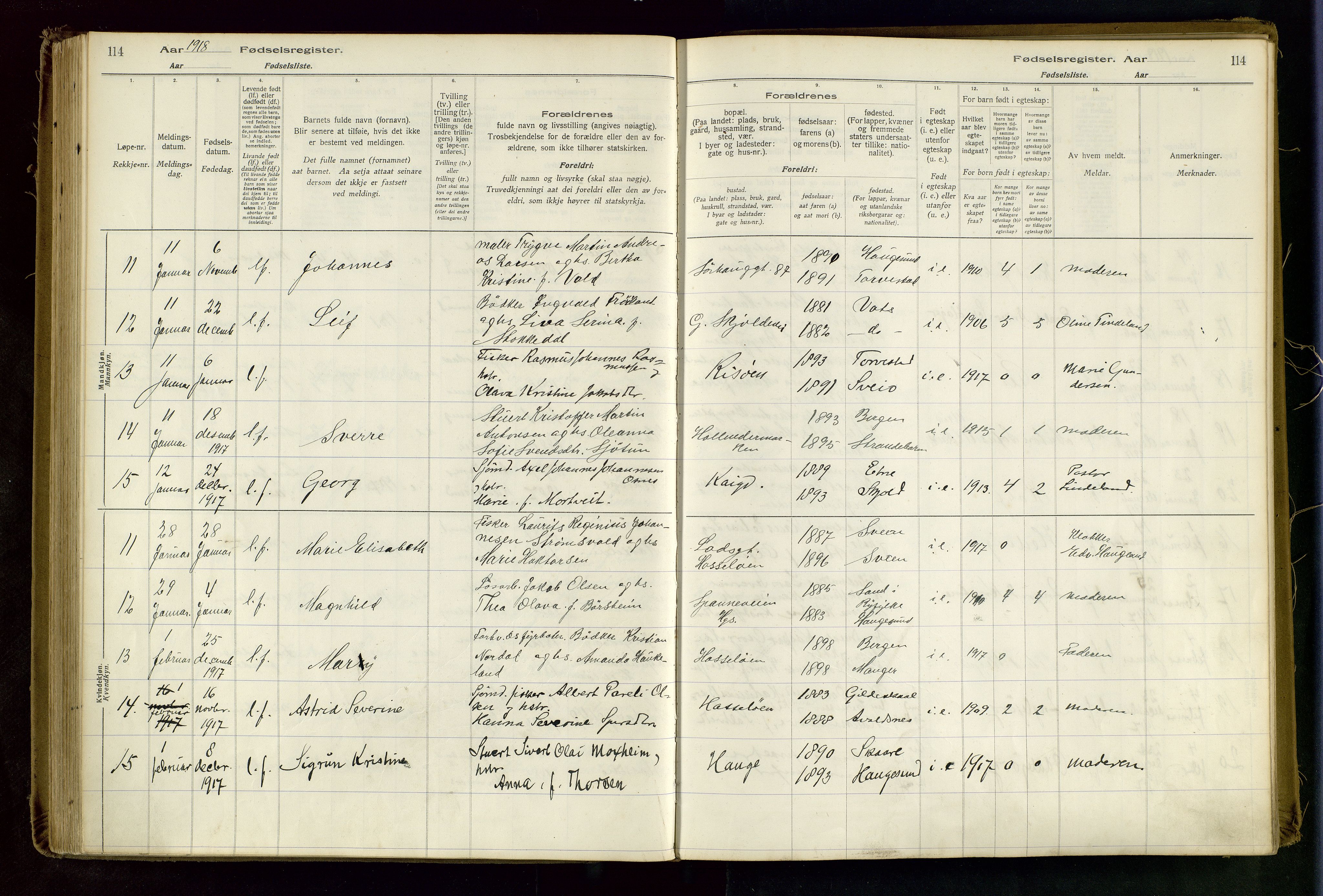 Haugesund sokneprestkontor, AV/SAST-A -101863/I/Id/L0003: Fødselsregister nr. 1, 1916-1919, s. 114