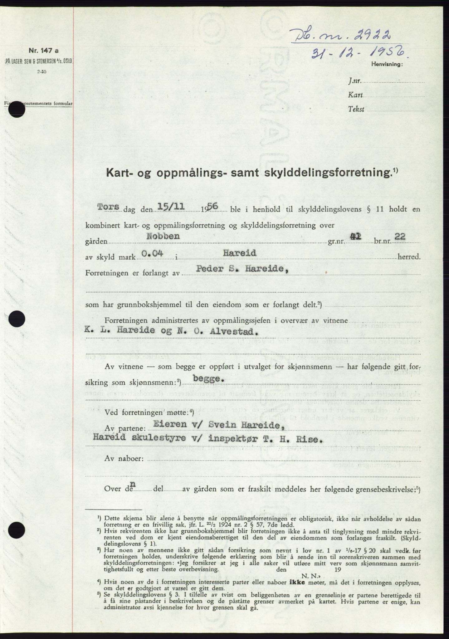 Søre Sunnmøre sorenskriveri, AV/SAT-A-4122/1/2/2C/L0105: Pantebok nr. 31A, 1956-1957, Dagboknr: 2922/1956