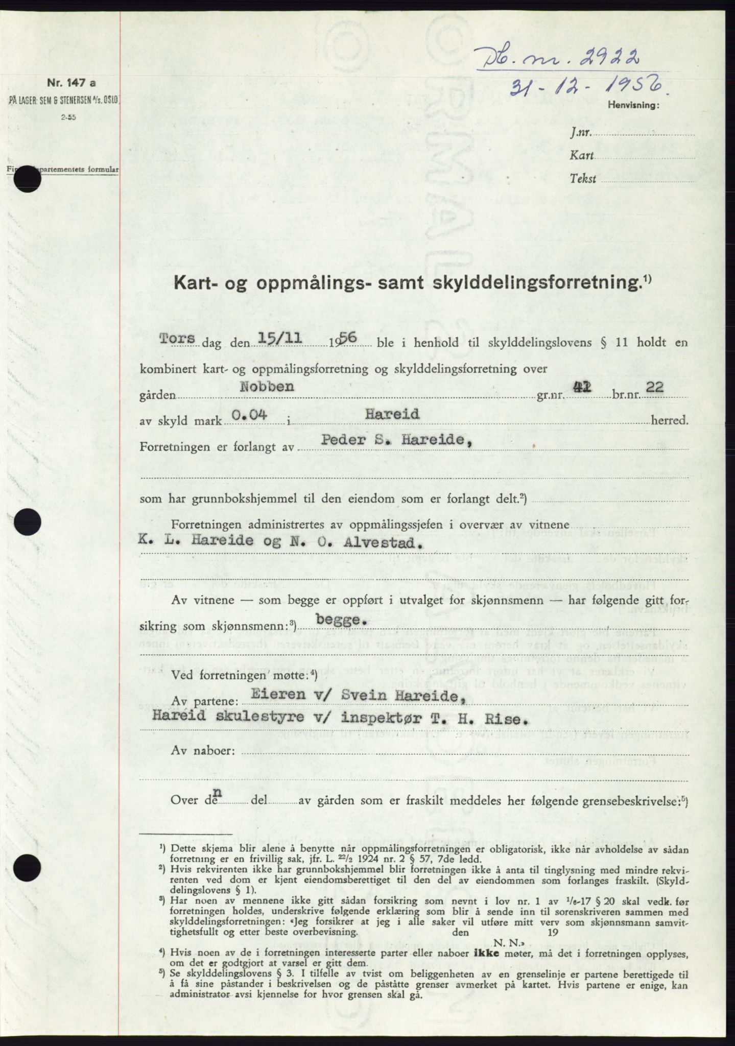 Søre Sunnmøre sorenskriveri, SAT/A-4122/1/2/2C/L0105: Pantebok nr. 31A, 1956-1957, Dagboknr: 2922/1956