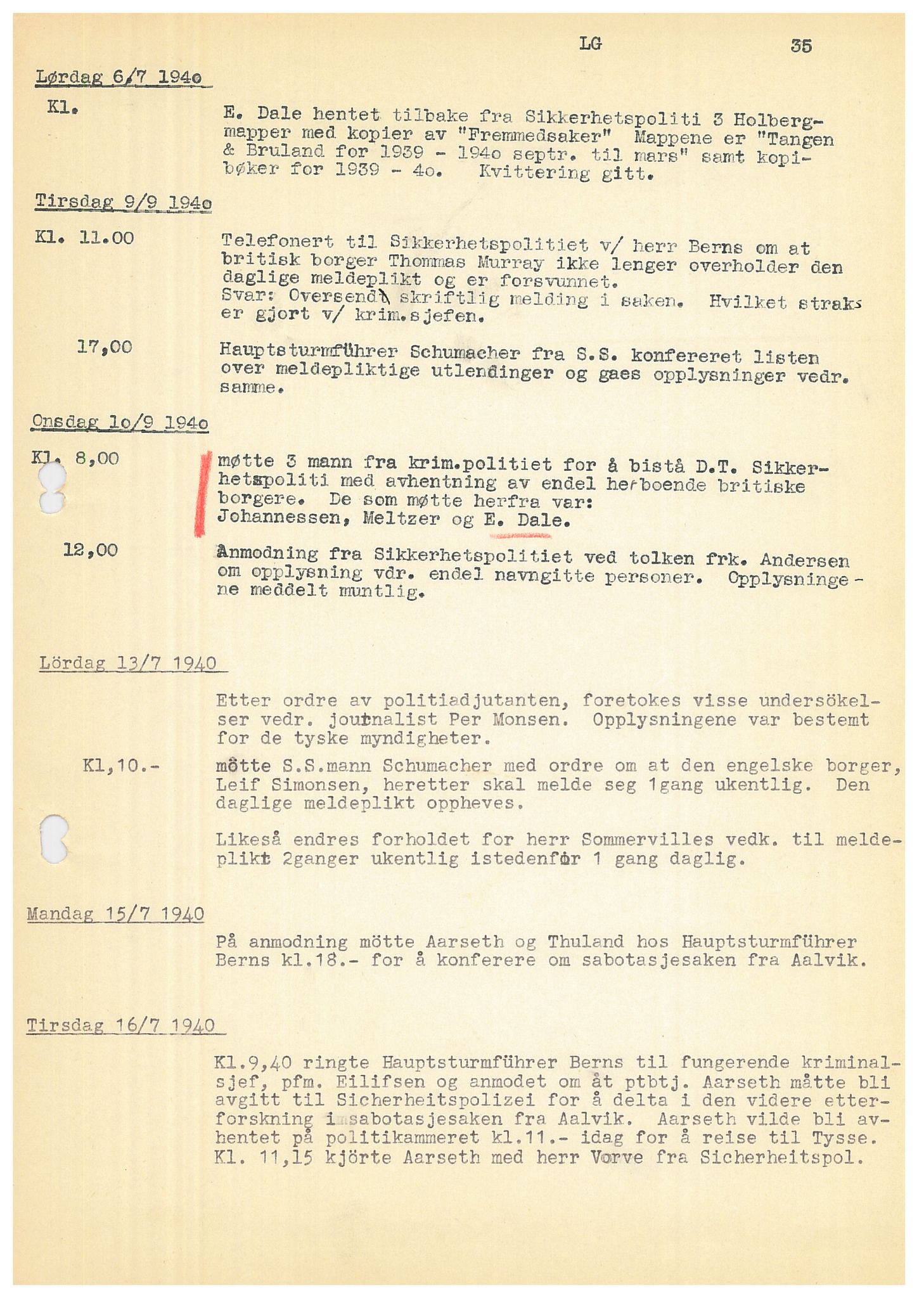 Bergen politikammer / politidistrikt, AV/SAB-A-60401/Y/Ye/L0001: Avskrift av krigsdagbok av Dankert Thuland, 1940-1941, s. 35