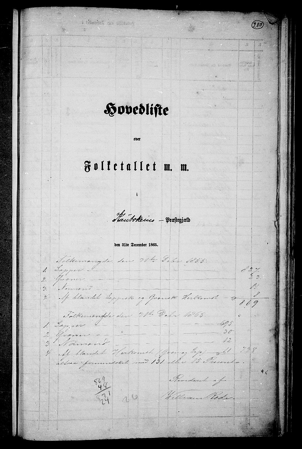 RA, Folketelling 1865 for 2011P Kautokeino prestegjeld, 1865, s. 1