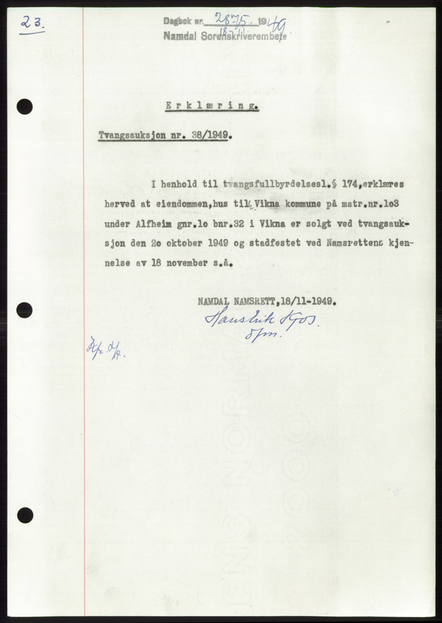 Namdal sorenskriveri, SAT/A-4133/1/2/2C: Pantebok nr. -, 1949-1949, Dagboknr: 2875/1949