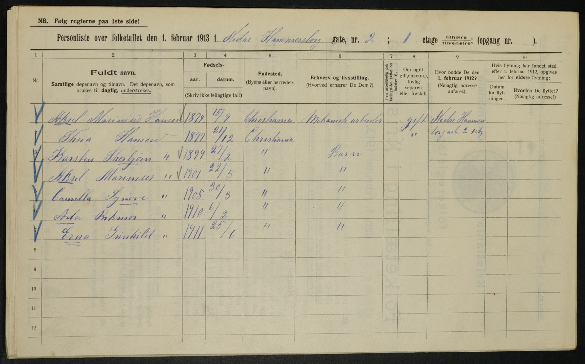 OBA, Kommunal folketelling 1.2.1913 for Kristiania, 1913, s. 69163