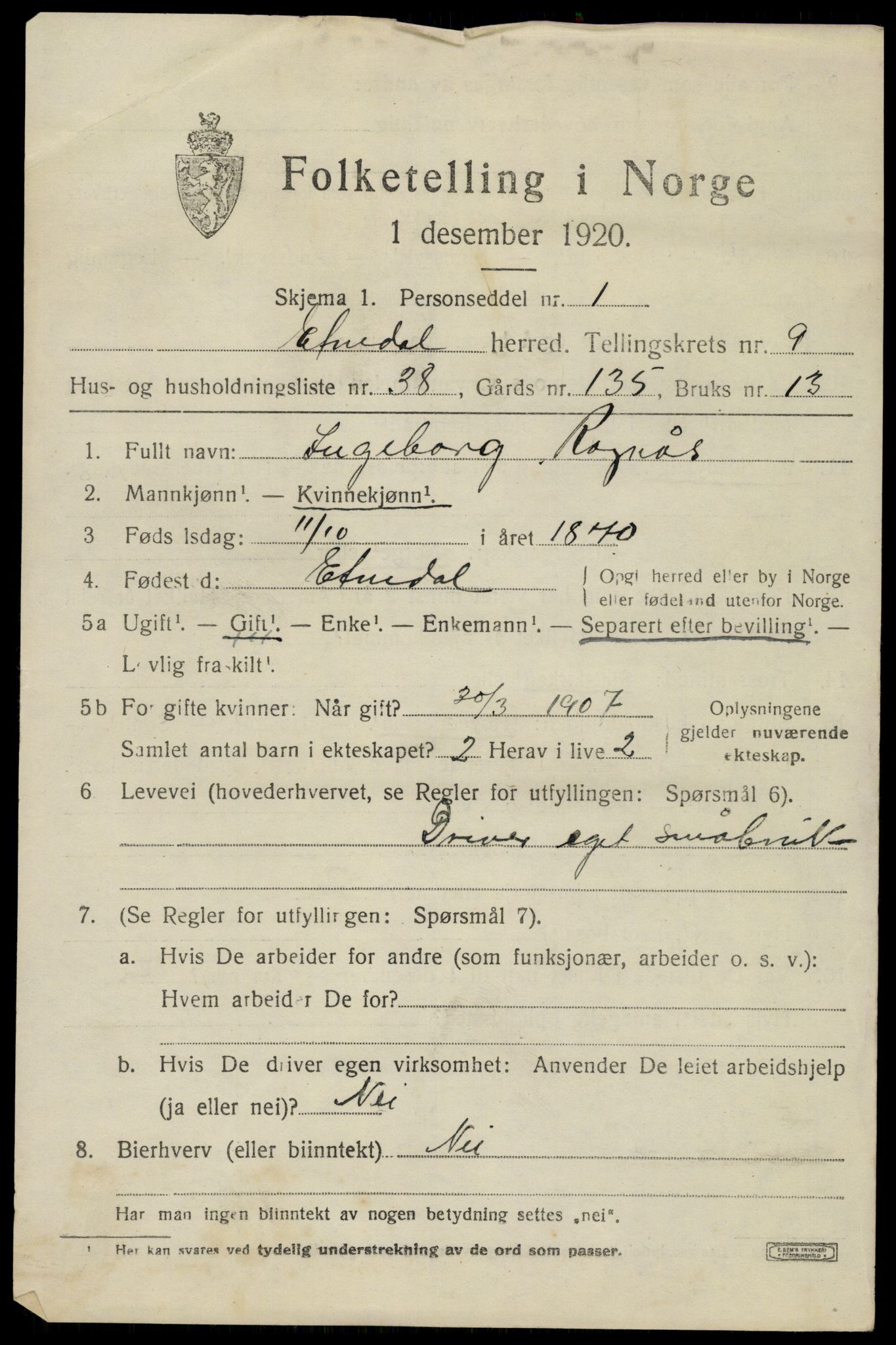 SAH, Folketelling 1920 for 0541 Etnedal herred, 1920, s. 4398