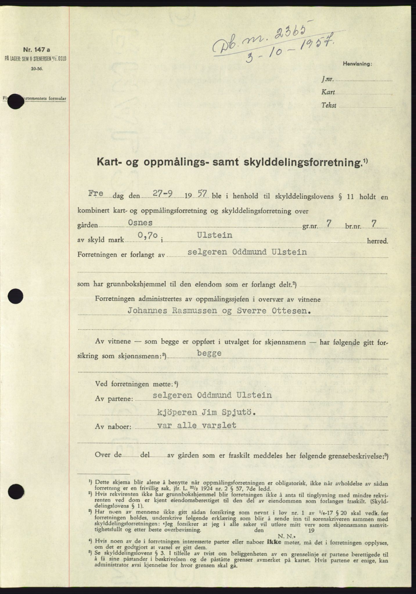 Søre Sunnmøre sorenskriveri, SAT/A-4122/1/2/2C/L0107: Pantebok nr. 33A, 1957-1957, Dagboknr: 2365/1957