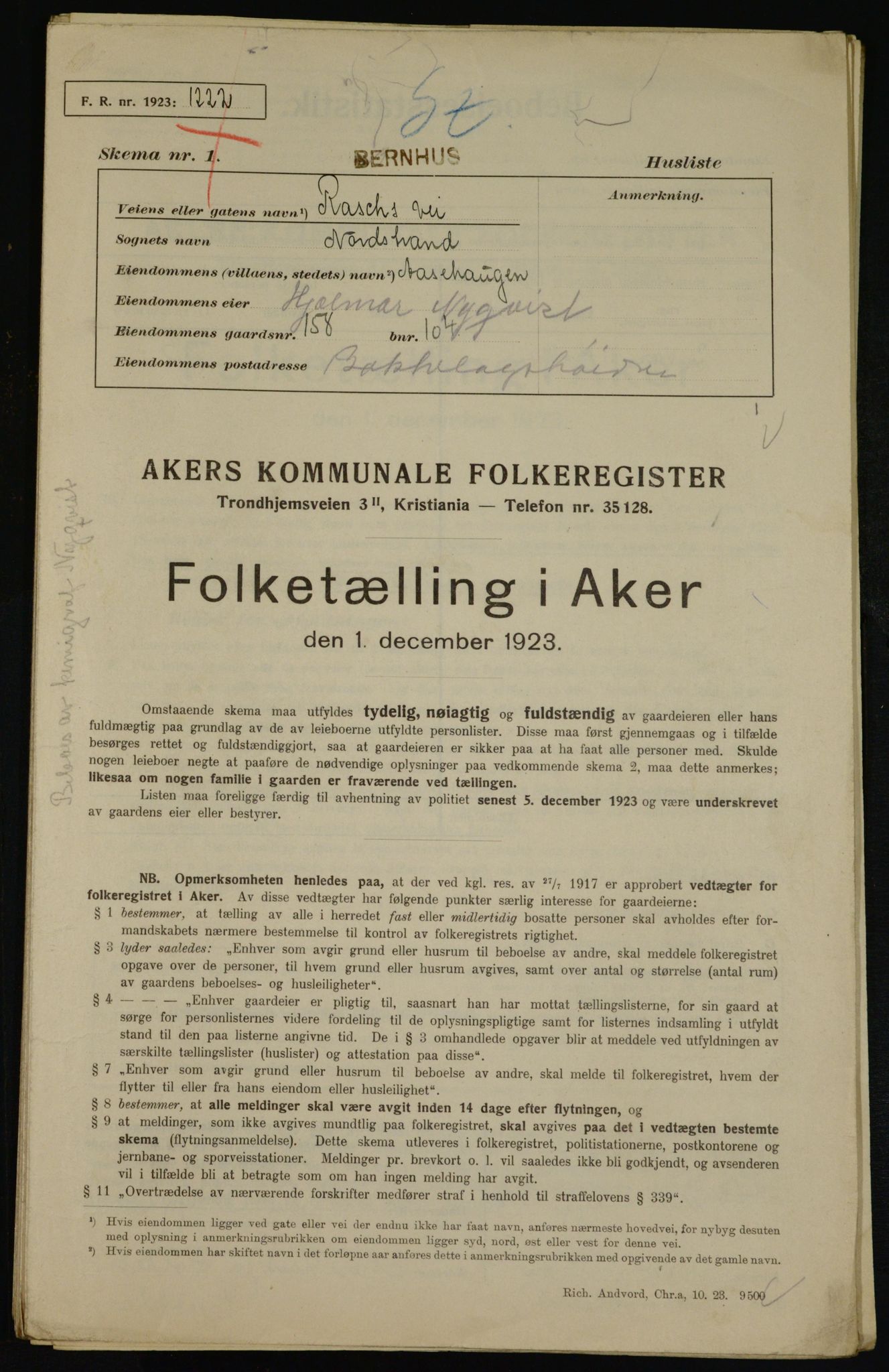 , Kommunal folketelling 1.12.1923 for Aker, 1923, s. 43736