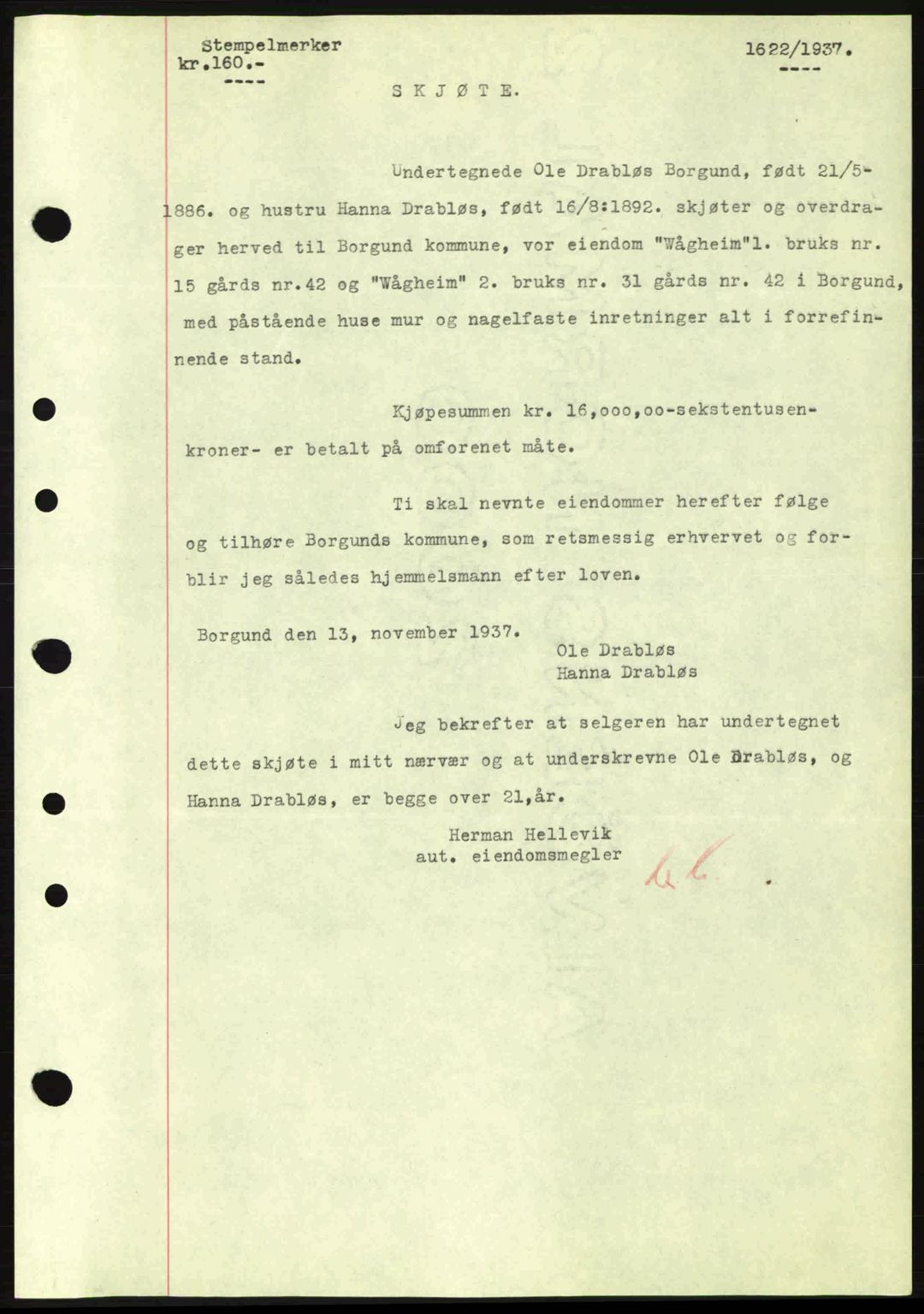 Nordre Sunnmøre sorenskriveri, SAT/A-0006/1/2/2C/2Ca: Pantebok nr. A3, 1937-1937, Dagboknr: 1622/1937