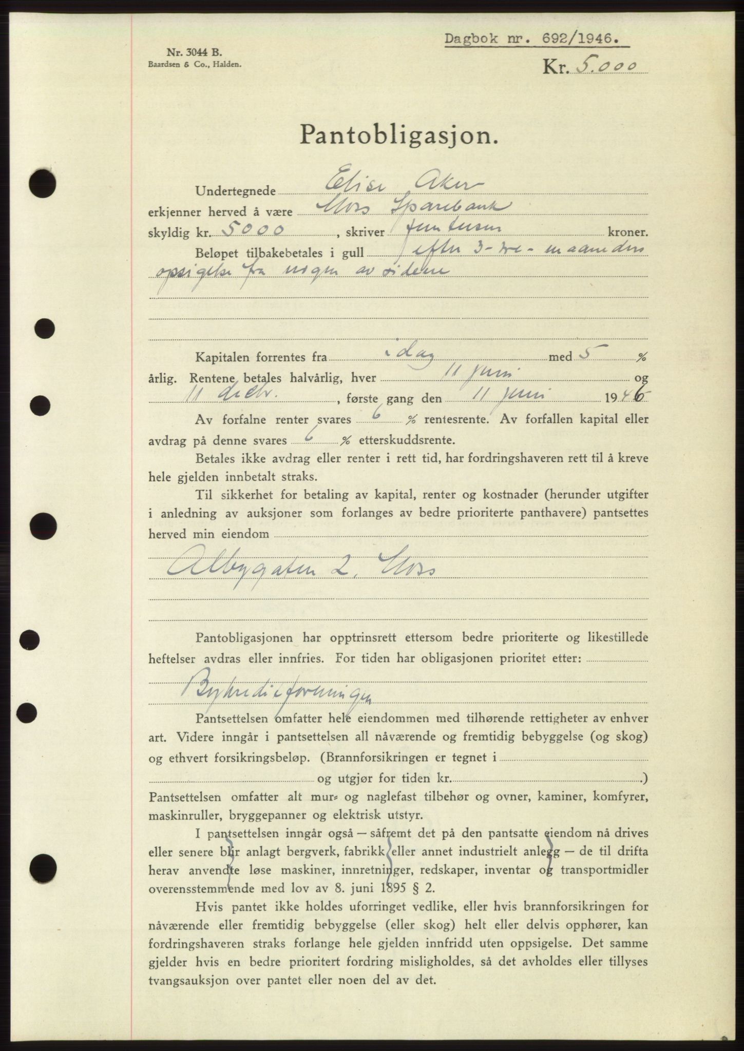 Moss sorenskriveri, SAO/A-10168: Pantebok nr. B15, 1946-1946, Dagboknr: 692/1946
