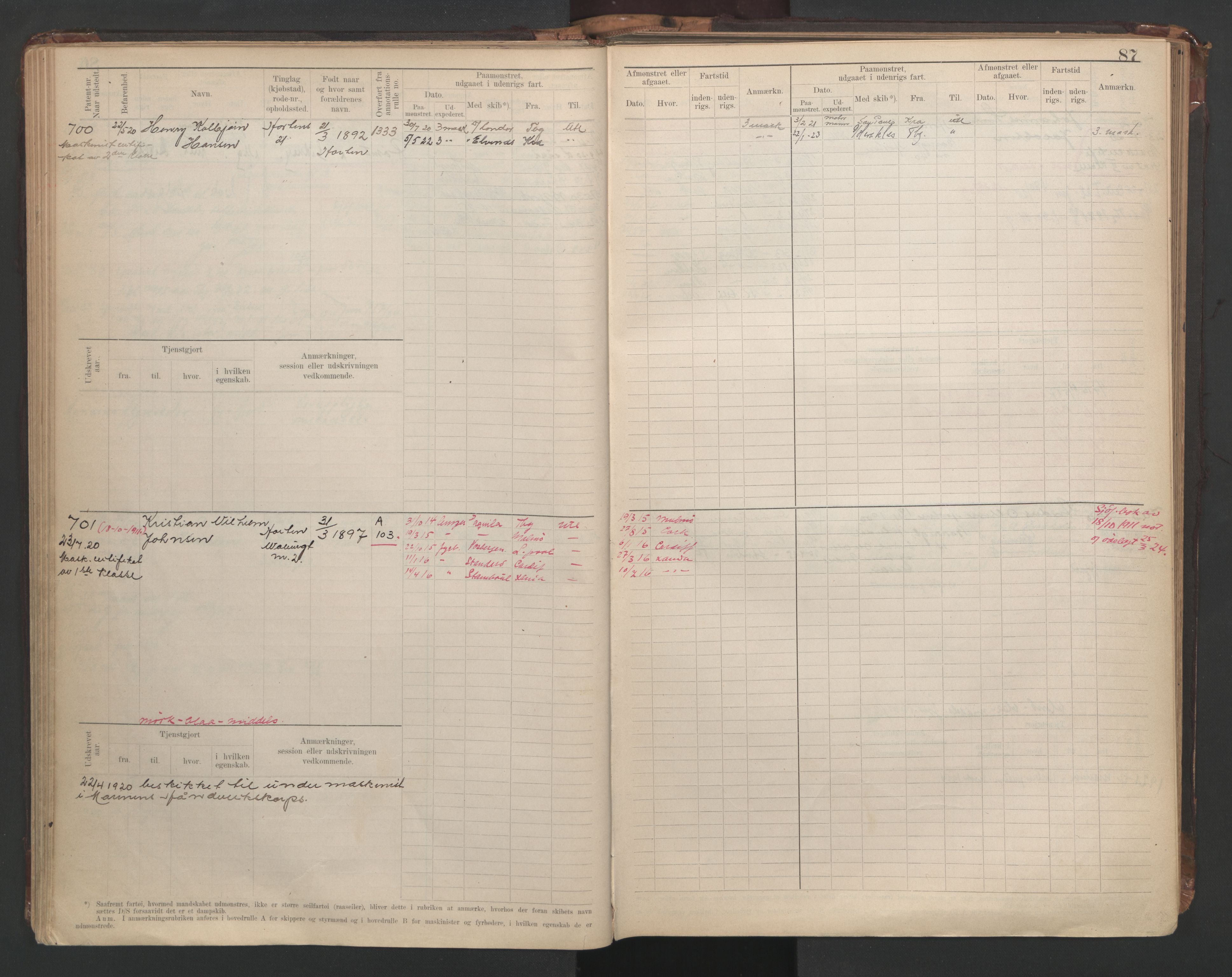 Horten innrulleringskontor, AV/SAKO-A-785/F/Fe/L0008: Maskinist, fyrbøterrulle, 1911-1948, s. 87