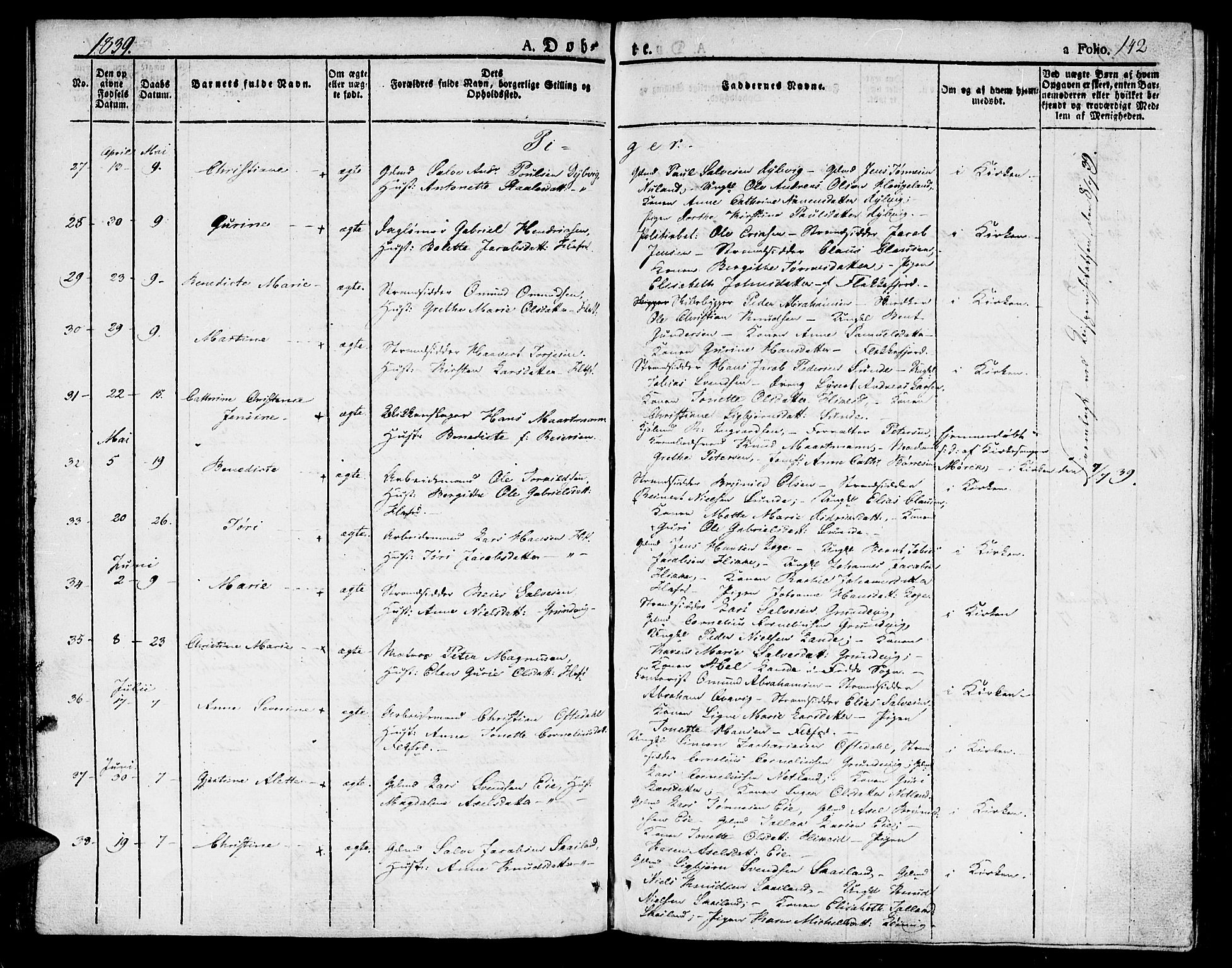 Flekkefjord sokneprestkontor, AV/SAK-1111-0012/F/Fb/Fbc/L0004: Klokkerbok nr. B 4, 1827-1846, s. 142