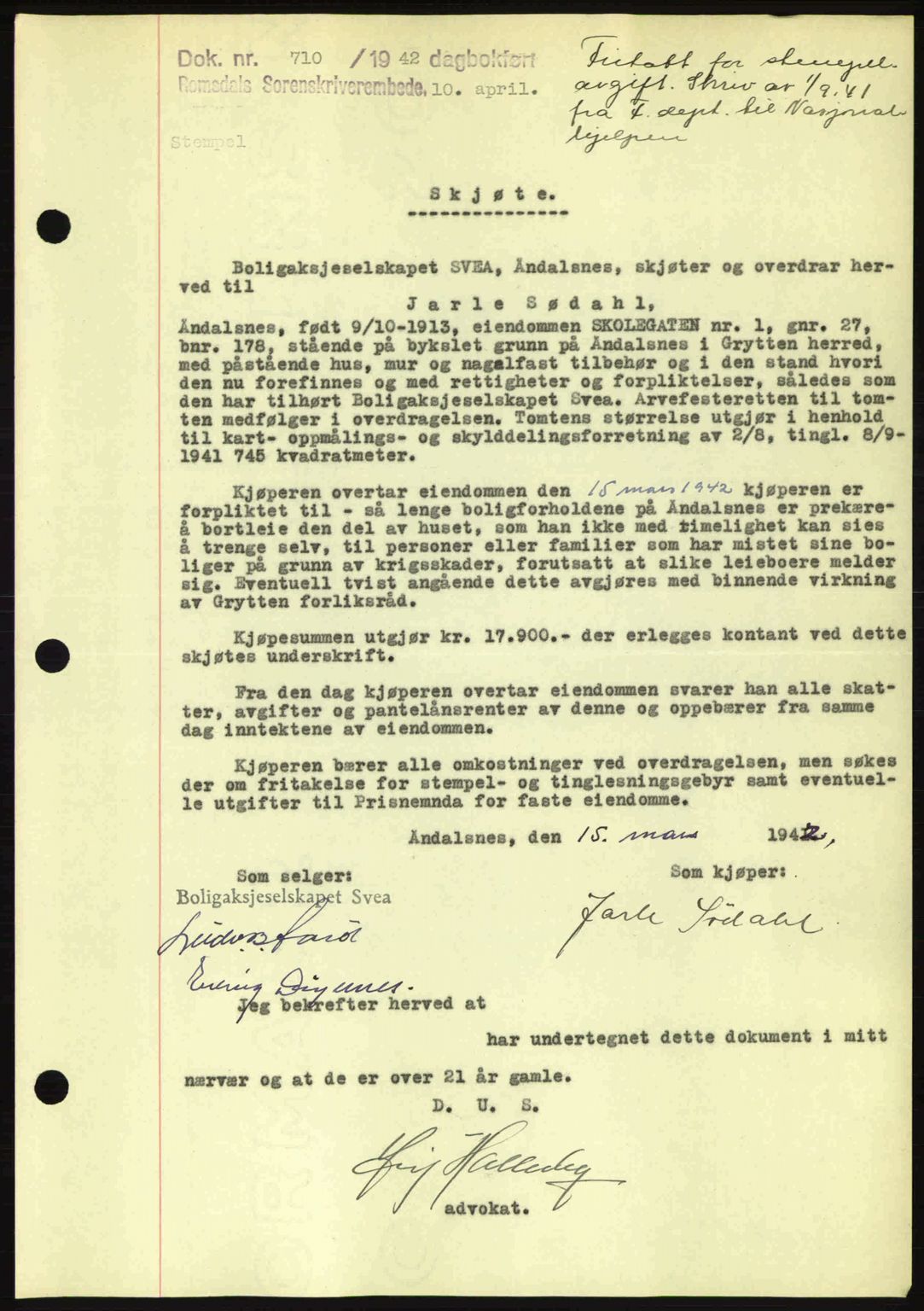 Romsdal sorenskriveri, AV/SAT-A-4149/1/2/2C: Pantebok nr. A12, 1942-1942, Dagboknr: 710/1942