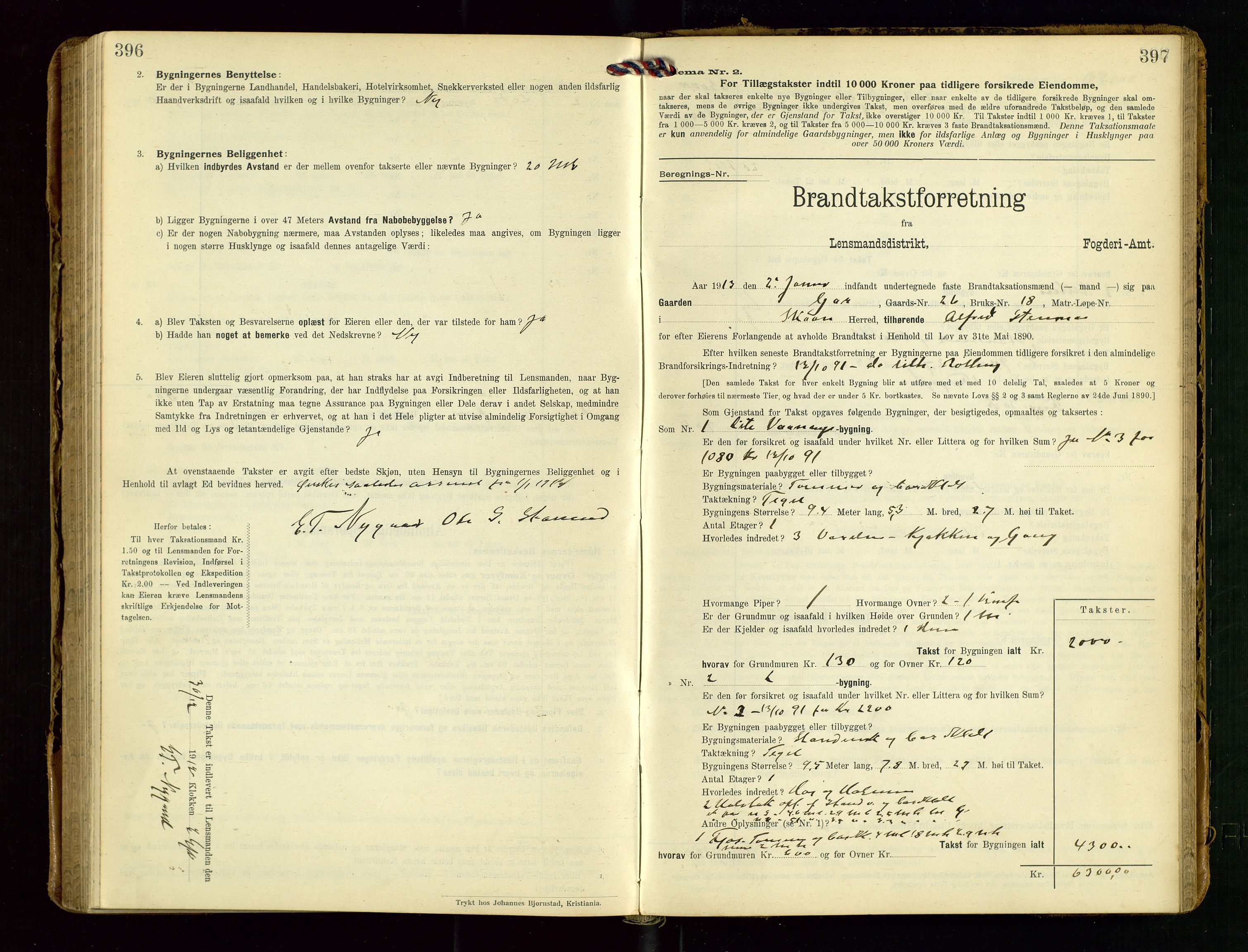 Torvestad lensmannskontor, AV/SAST-A-100307/1/Gob/L0004: "Brandtaxationsprotokol for Torvestad Lensmannsdistrikt", 1909-1923, s. 396-397