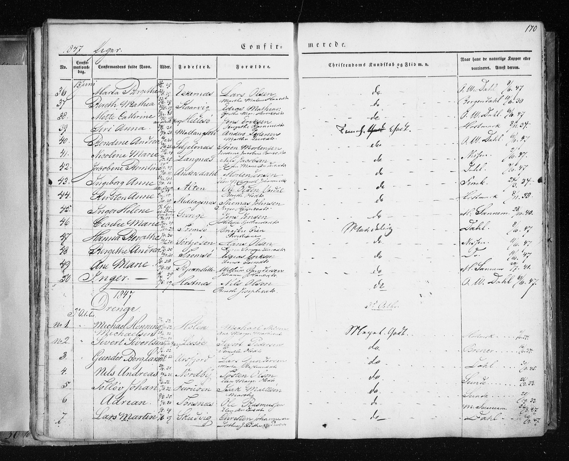 Tromsø sokneprestkontor/stiftsprosti/domprosti, AV/SATØ-S-1343/G/Ga/L0009kirke: Ministerialbok nr. 9, 1837-1847, s. 170