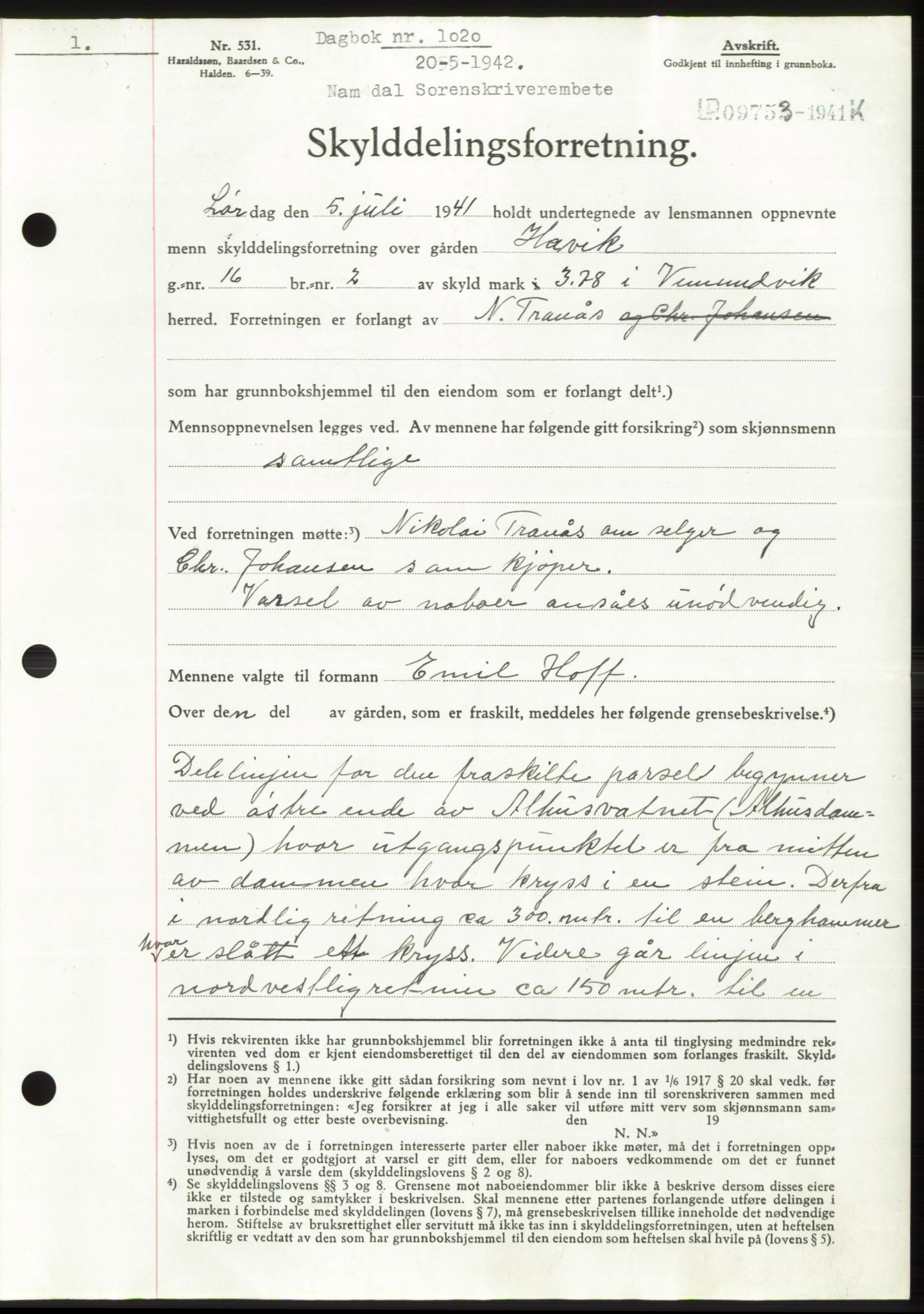 Namdal sorenskriveri, SAT/A-4133/1/2/2C: Pantebok nr. -, 1941-1942, Dagboknr: 1020/1942