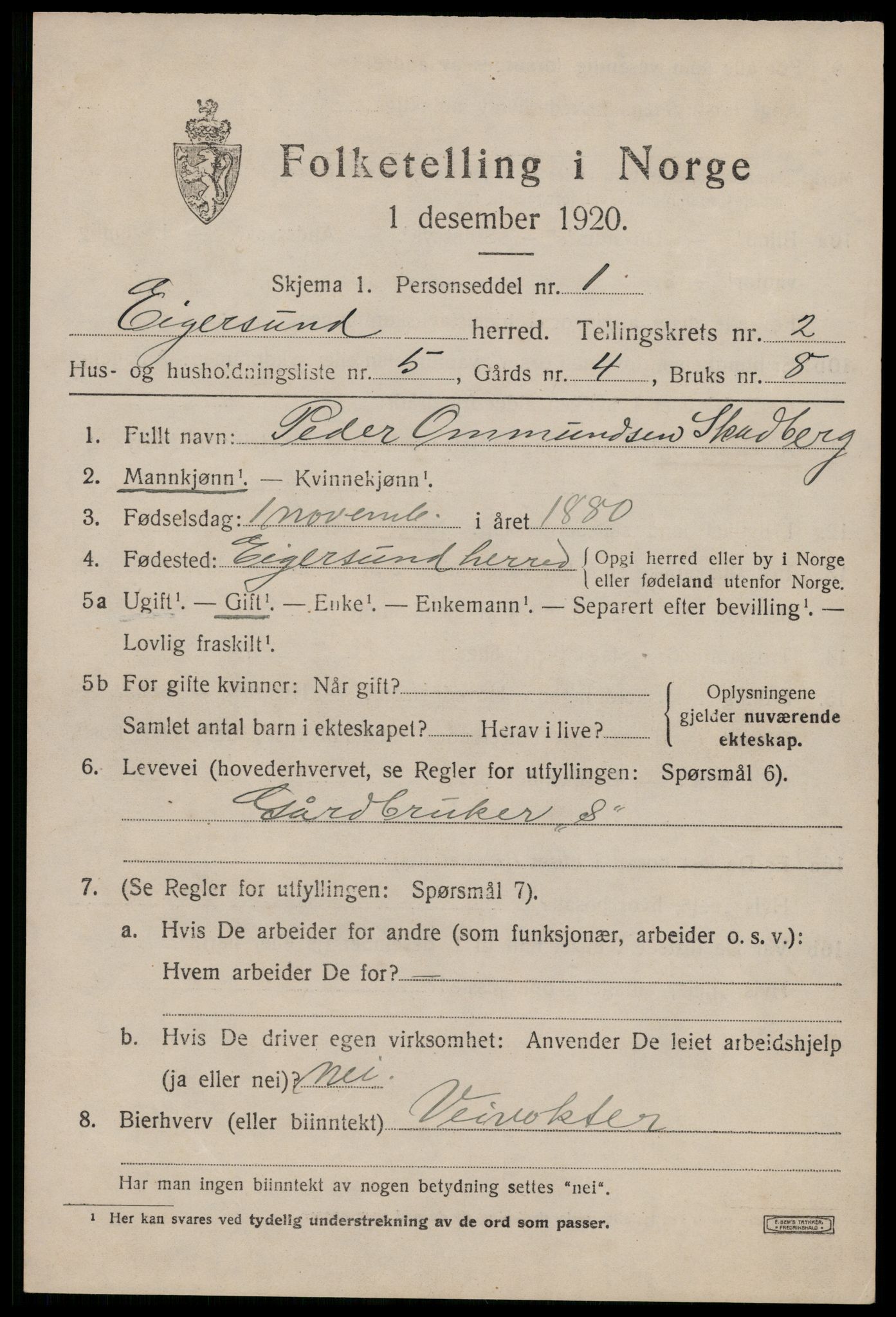 SAST, Folketelling 1920 for 1116 Eigersund herred, 1920, s. 1659