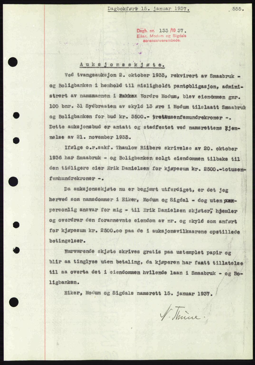 Eiker, Modum og Sigdal sorenskriveri, SAKO/A-123/G/Ga/Gab/L0034: Pantebok nr. A4, 1936-1937, Dagboknr: 133/1937