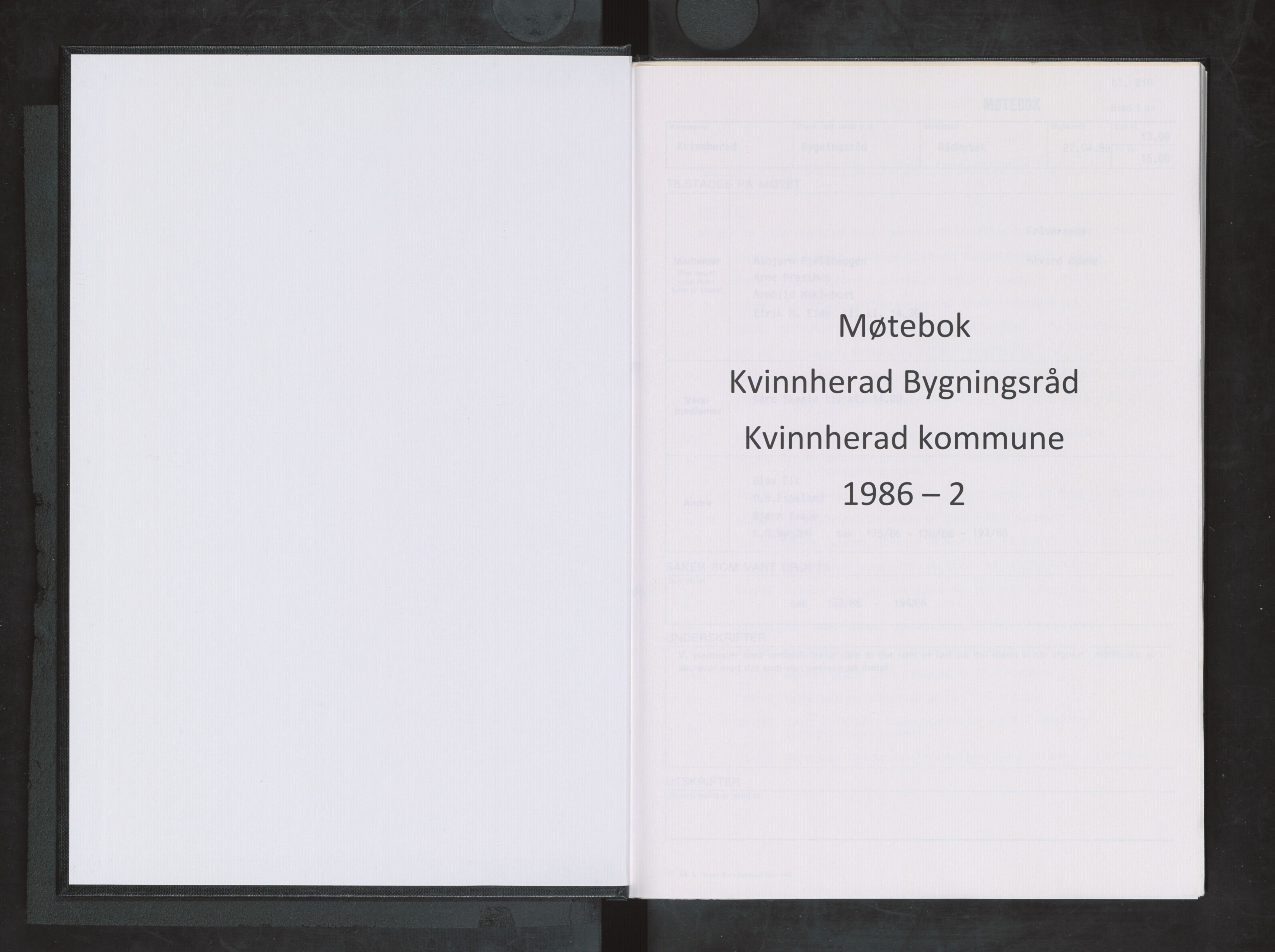 Kvinnherad kommune. Bygningsrådet , IKAH/1224-511/A/Aa/L0049: Møtebok for Kvinnherad bygningsråd, 1986