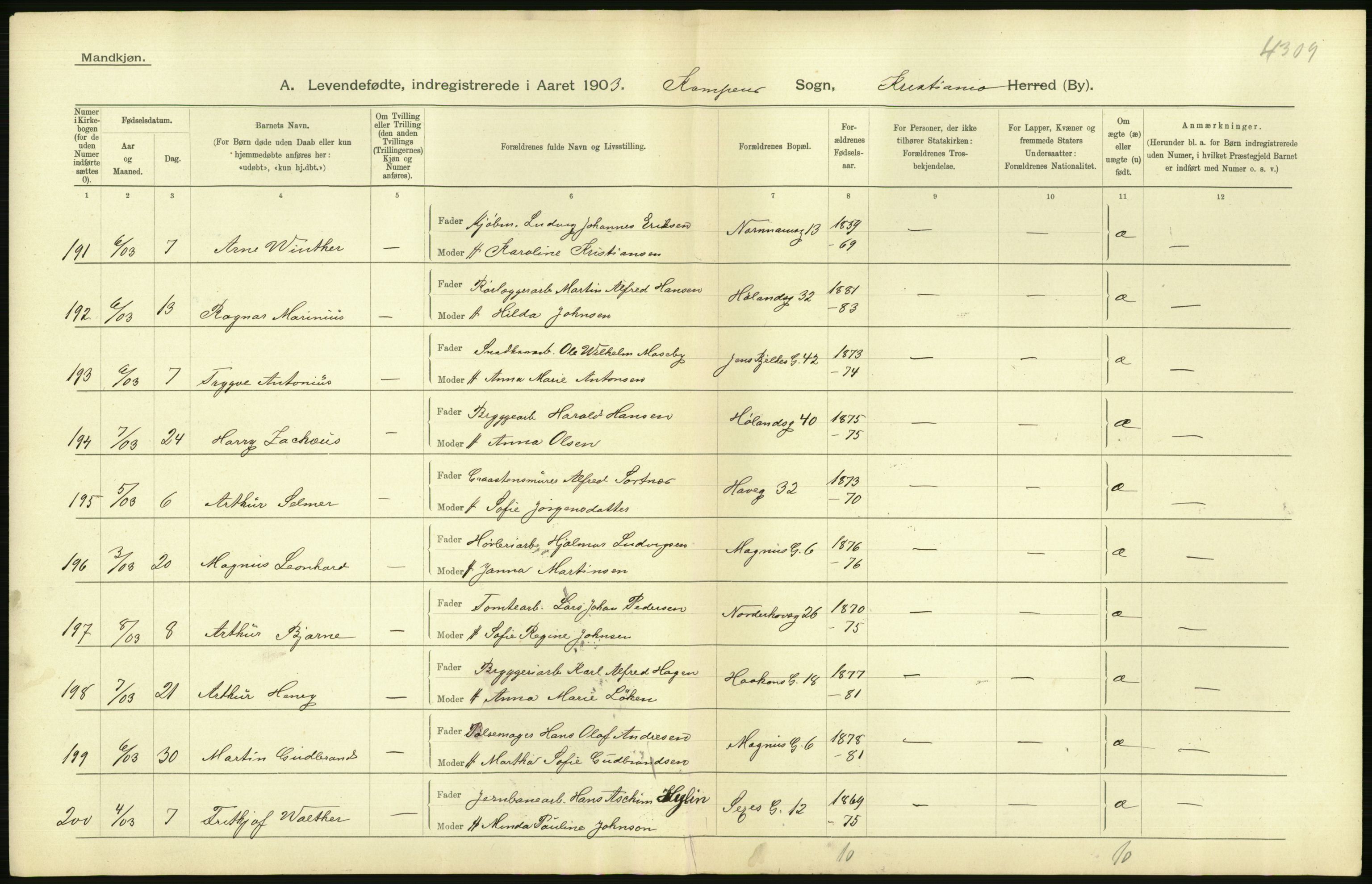 Statistisk sentralbyrå, Sosiodemografiske emner, Befolkning, AV/RA-S-2228/D/Df/Dfa/Dfaa/L0003: Kristiania: Fødte, 1903, s. 172