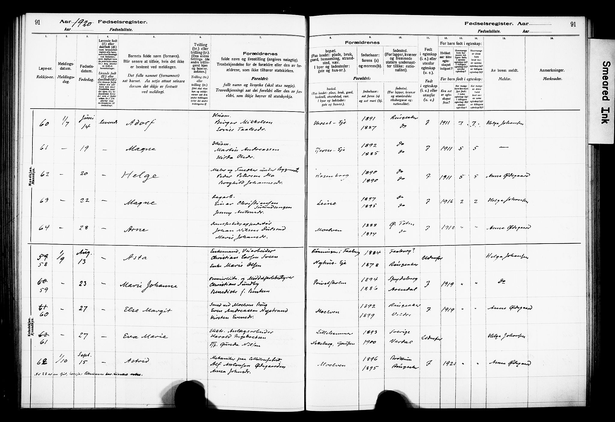 Ringsaker prestekontor, AV/SAH-PREST-014/O/Oa/L0001: Fødselsregister nr. 1, 1916-1925, s. 91