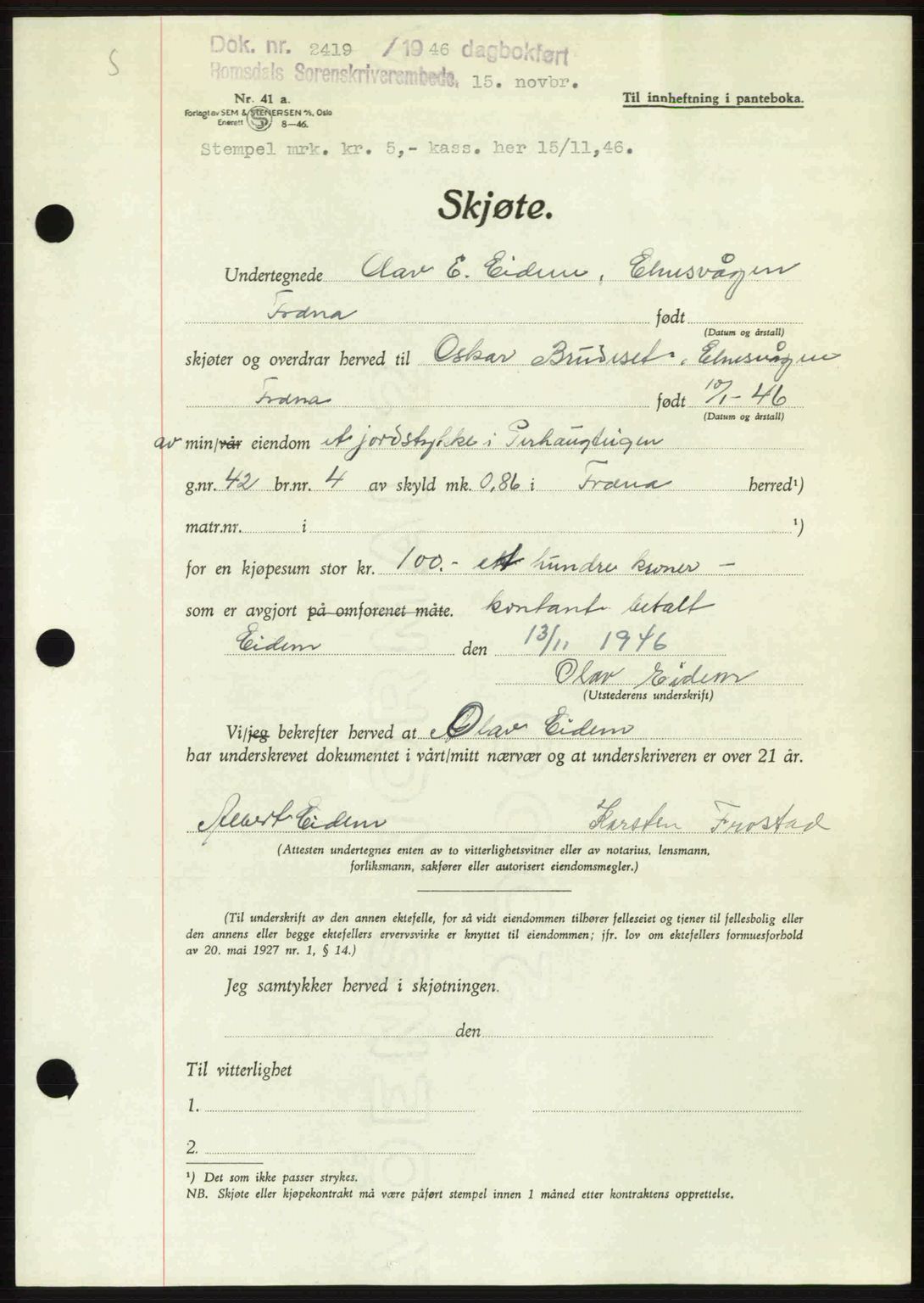 Romsdal sorenskriveri, AV/SAT-A-4149/1/2/2C: Pantebok nr. A21, 1946-1946, Dagboknr: 2419/1946