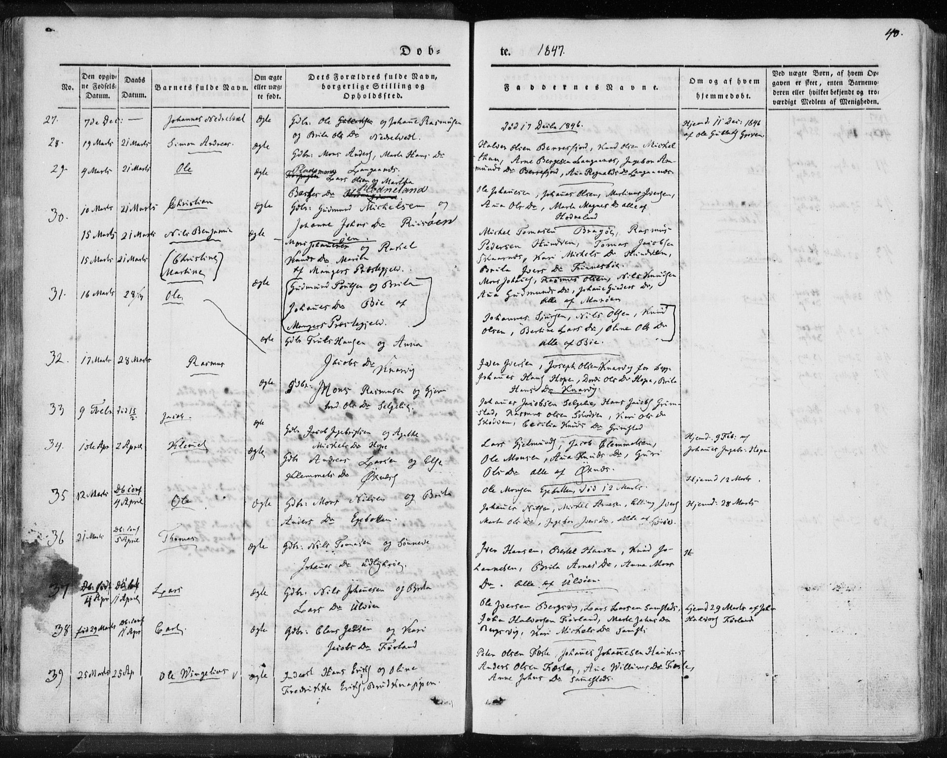 Lindås Sokneprestembete, AV/SAB-A-76701/H/Haa/Haaa/L0010: Ministerialbok nr. A 10, 1842-1862, s. 40