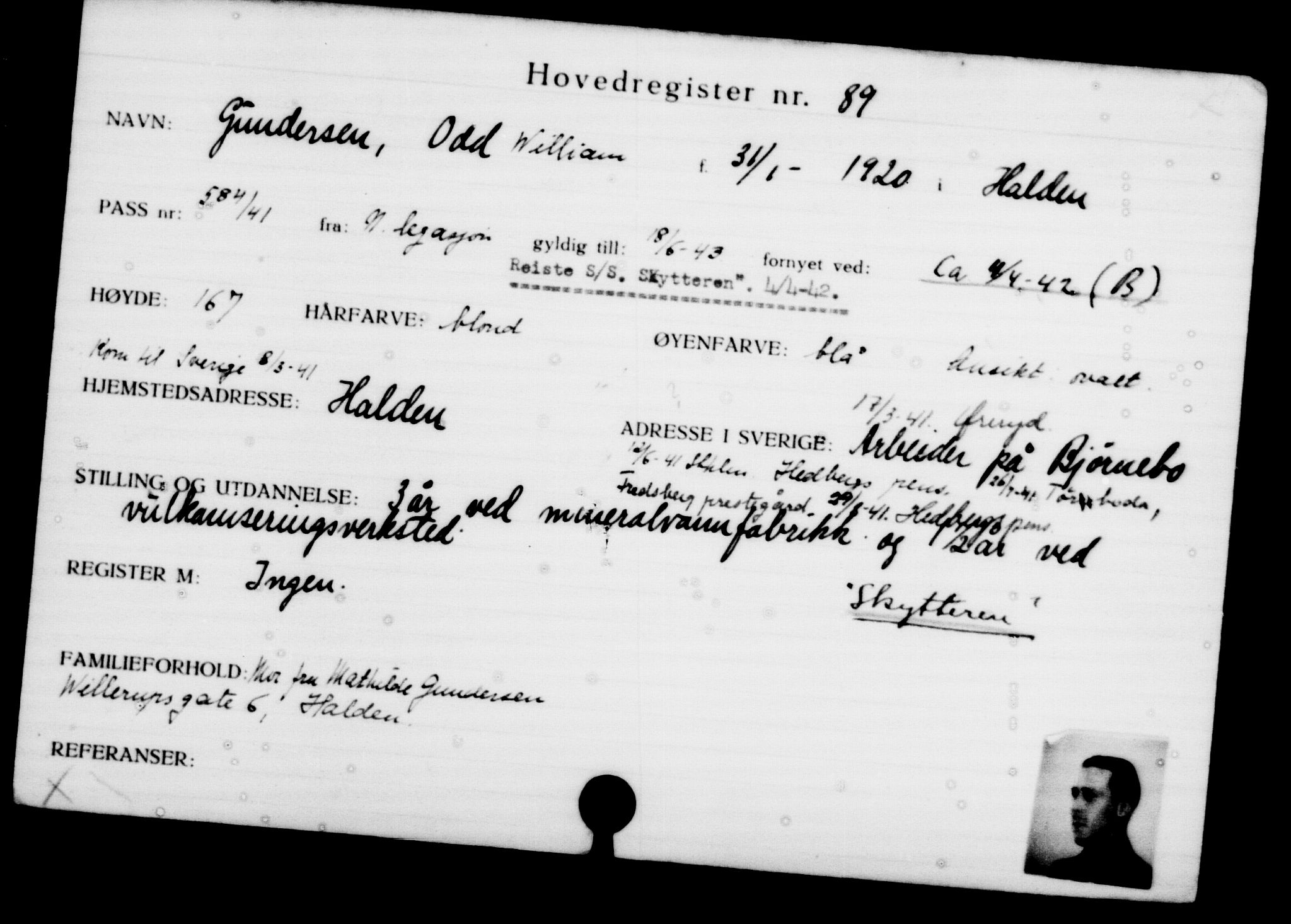 Utenriksstasjonene, Legasjonen i Stockholm, Flyktningkontoret, AV/RA-S-6753/V/Va/L0001: Kjesäterkartoteket, flyktninger med registreringsnr. 1-1000, 1940-1945, s. 154