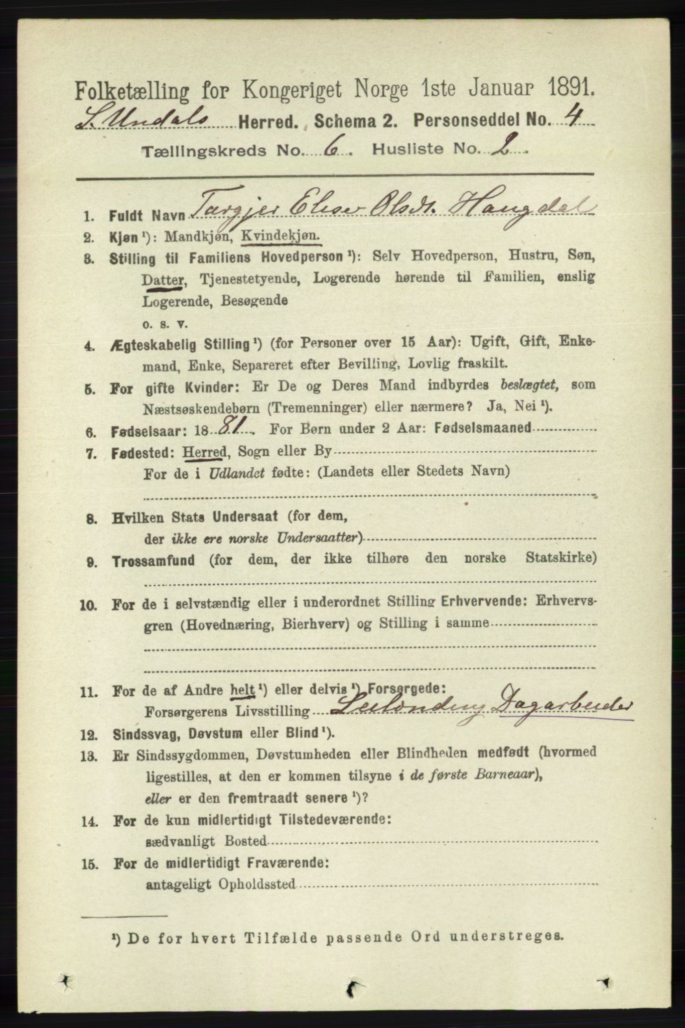 RA, Folketelling 1891 for 1029 Sør-Audnedal herred, 1891, s. 2294