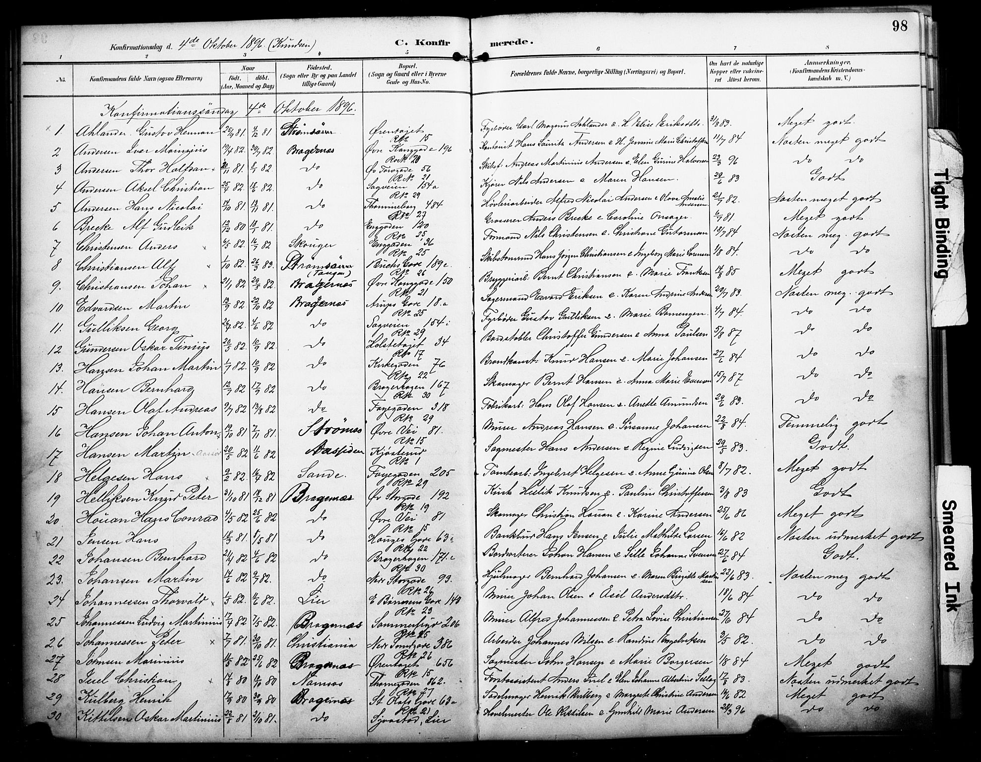 Bragernes kirkebøker, AV/SAKO-A-6/F/Fc/L0006: Ministerialbok nr. III 6, 1888-1899, s. 98
