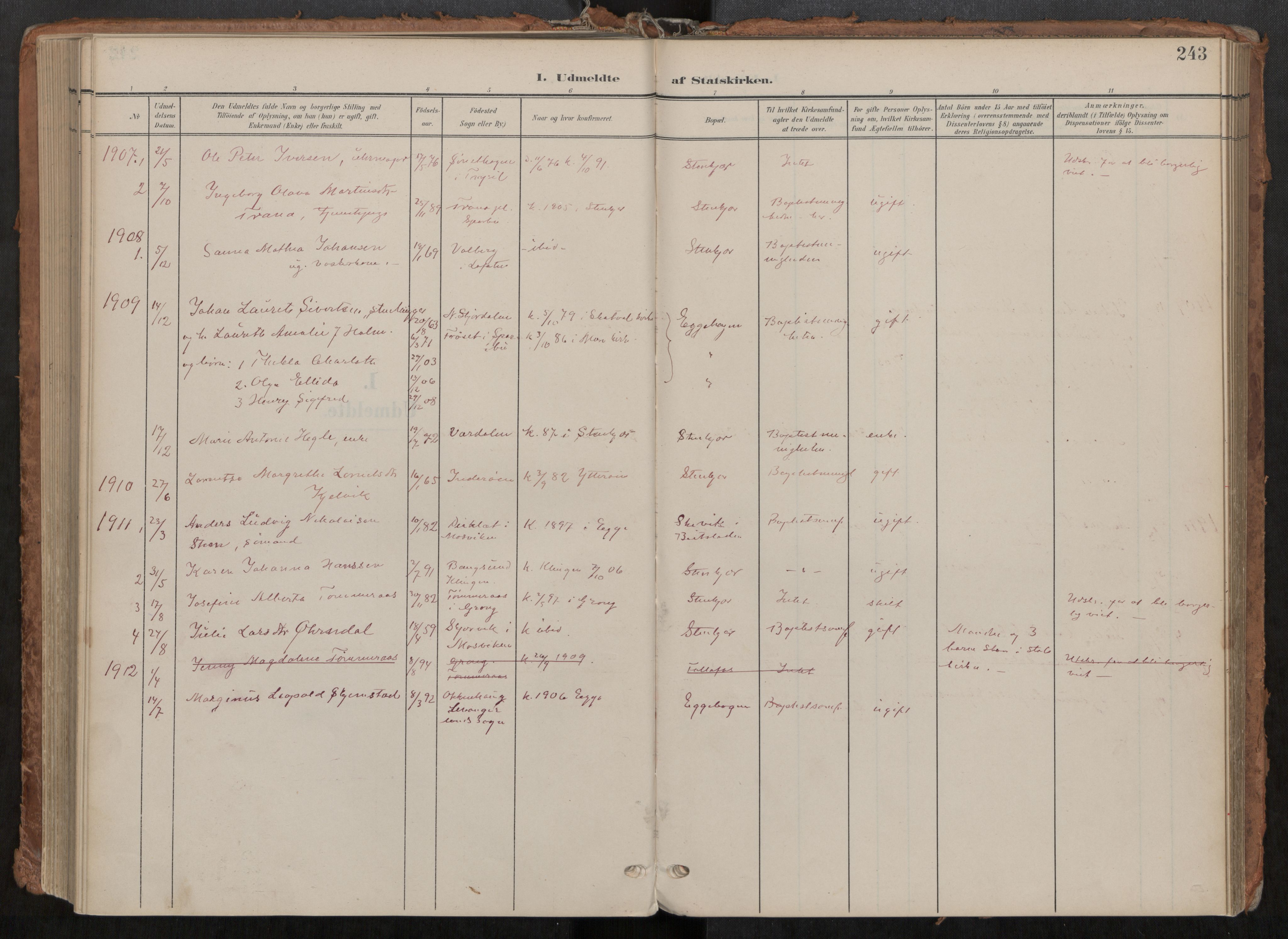 Steinkjer sokneprestkontor, SAT/A-1541/01/H/Ha/Haa/L0001: Ministerialbok nr. 1, 1904-1912, s. 243