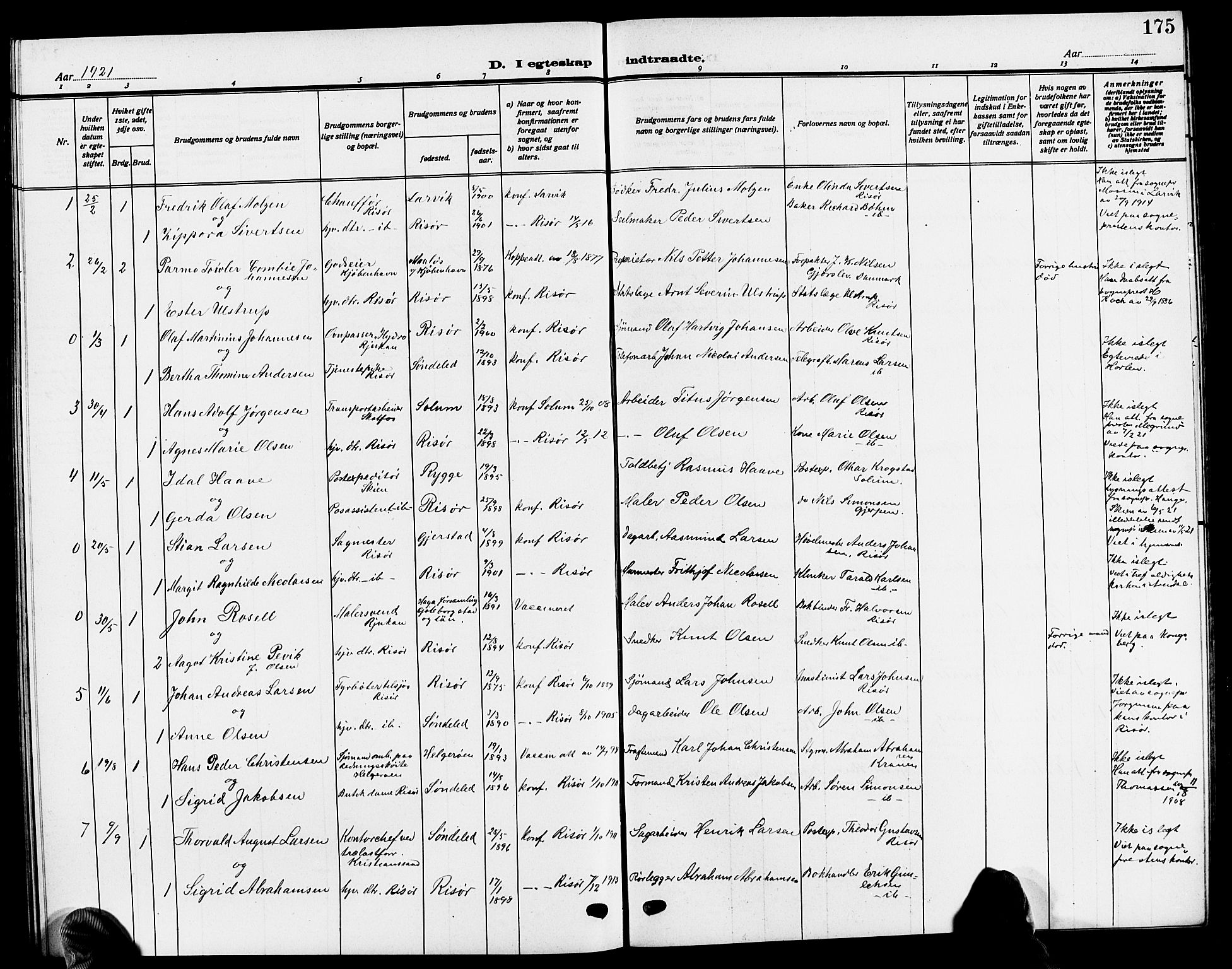 Risør sokneprestkontor, AV/SAK-1111-0035/F/Fb/L0008: Klokkerbok nr. B 8, 1909-1921, s. 175