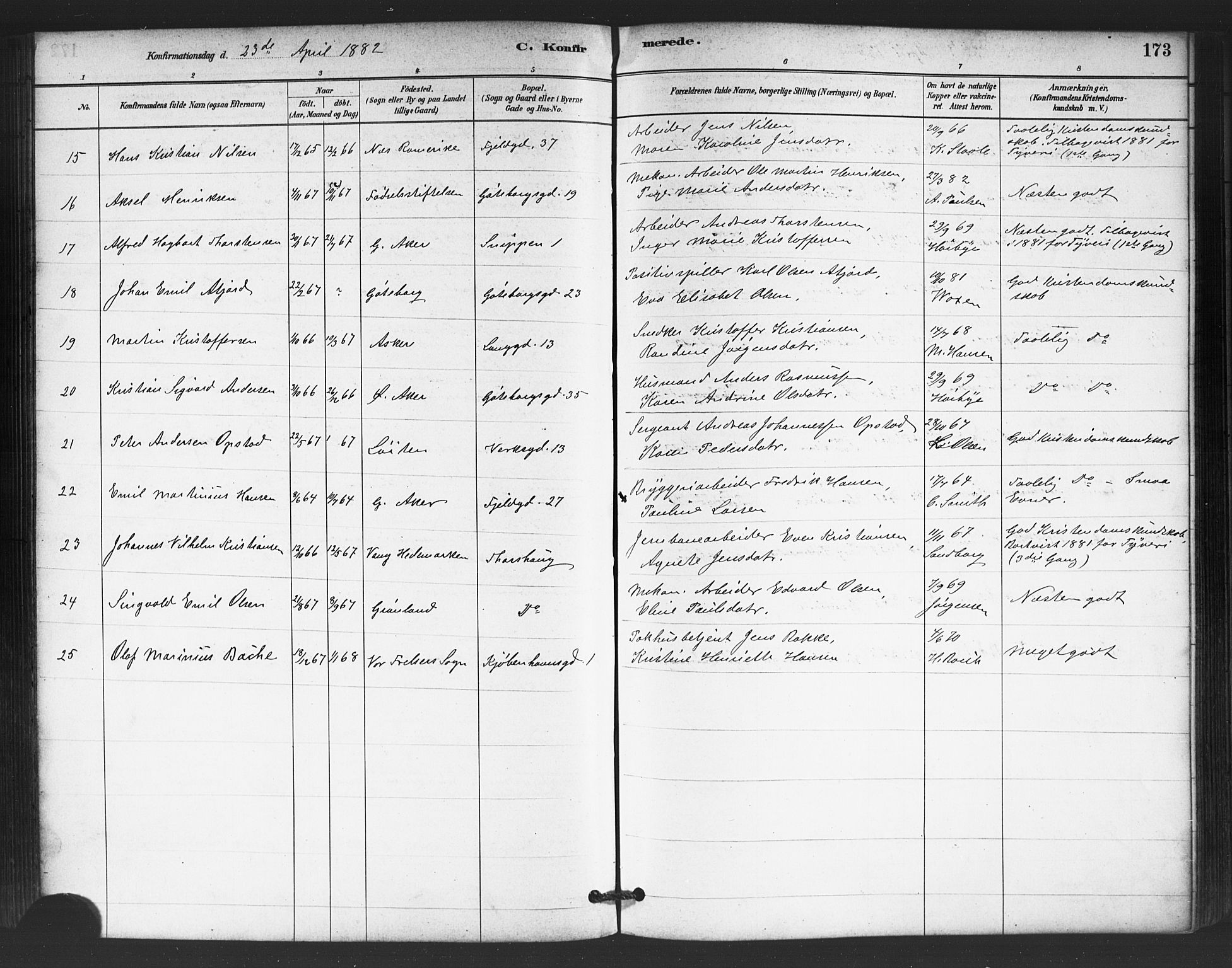 Petrus prestekontor Kirkebøker, AV/SAO-A-10872/G/Ga/L0001: Klokkerbok nr. 1, 1880-1887, s. 173