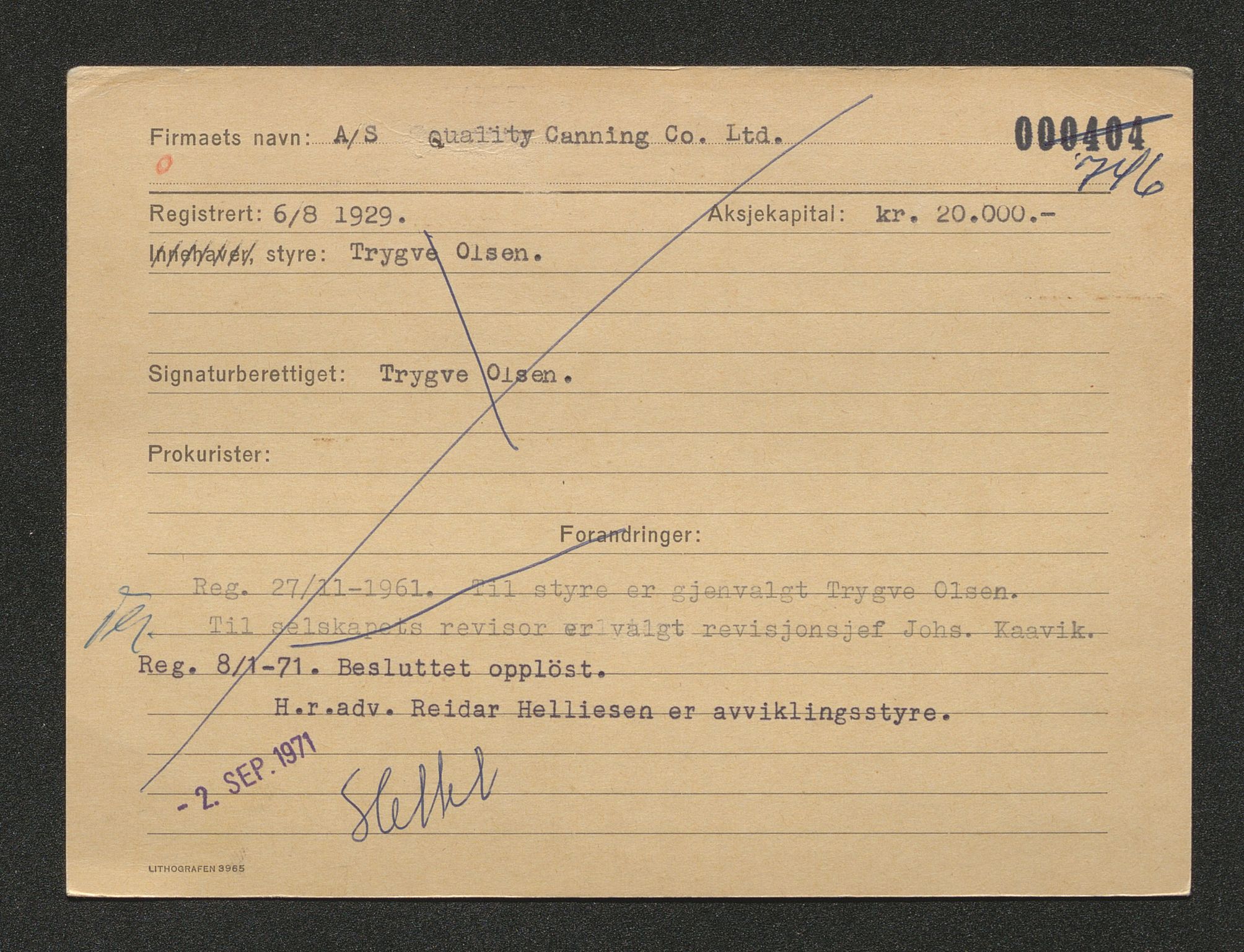 Stavanger byfogd, SAST/A-101408/001/4/42/422/4221A/L0004: Register over slettede firma K-M, 1891-1987, s. 159