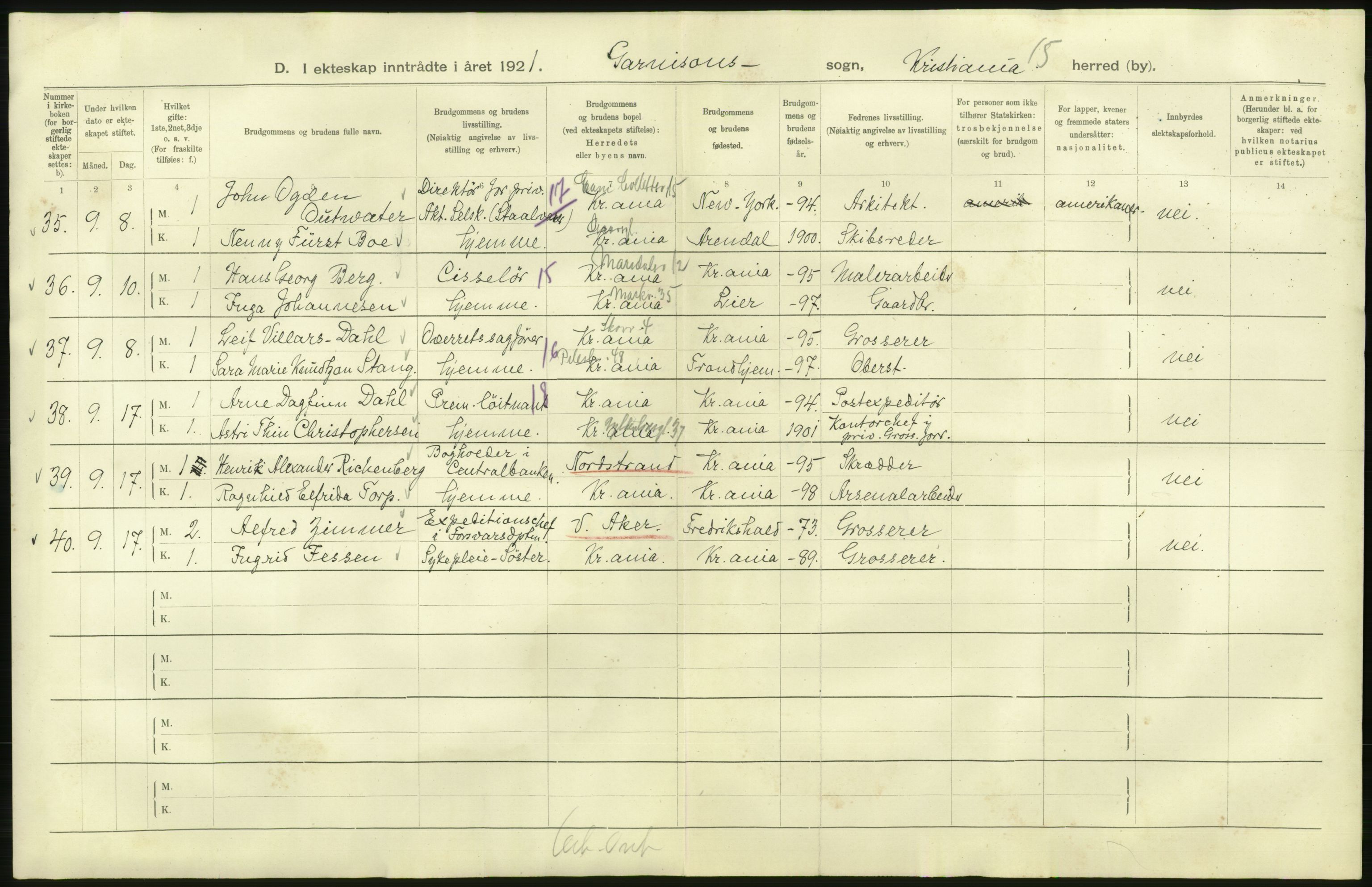 Statistisk sentralbyrå, Sosiodemografiske emner, Befolkning, RA/S-2228/D/Df/Dfc/Dfca/L0011: Kristiania: Gifte, 1921, s. 894