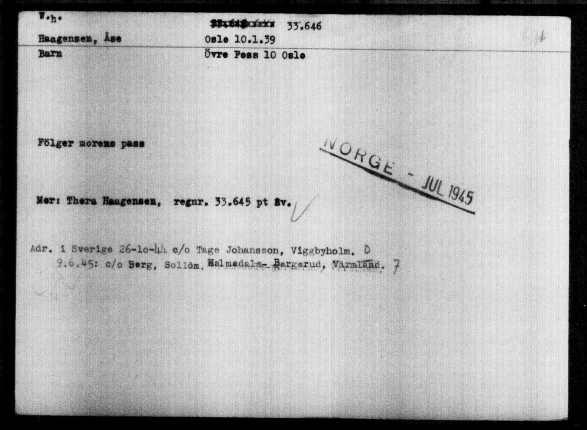 Utenriksstasjonene, Legasjonen i Stockholm, Flyktningkontoret, AV/RA-S-6753/V/Va/L0013: Kjesäterkartoteket, flyktninger med registreringsnr. 31500-34731, 1940-1945, s. 2265