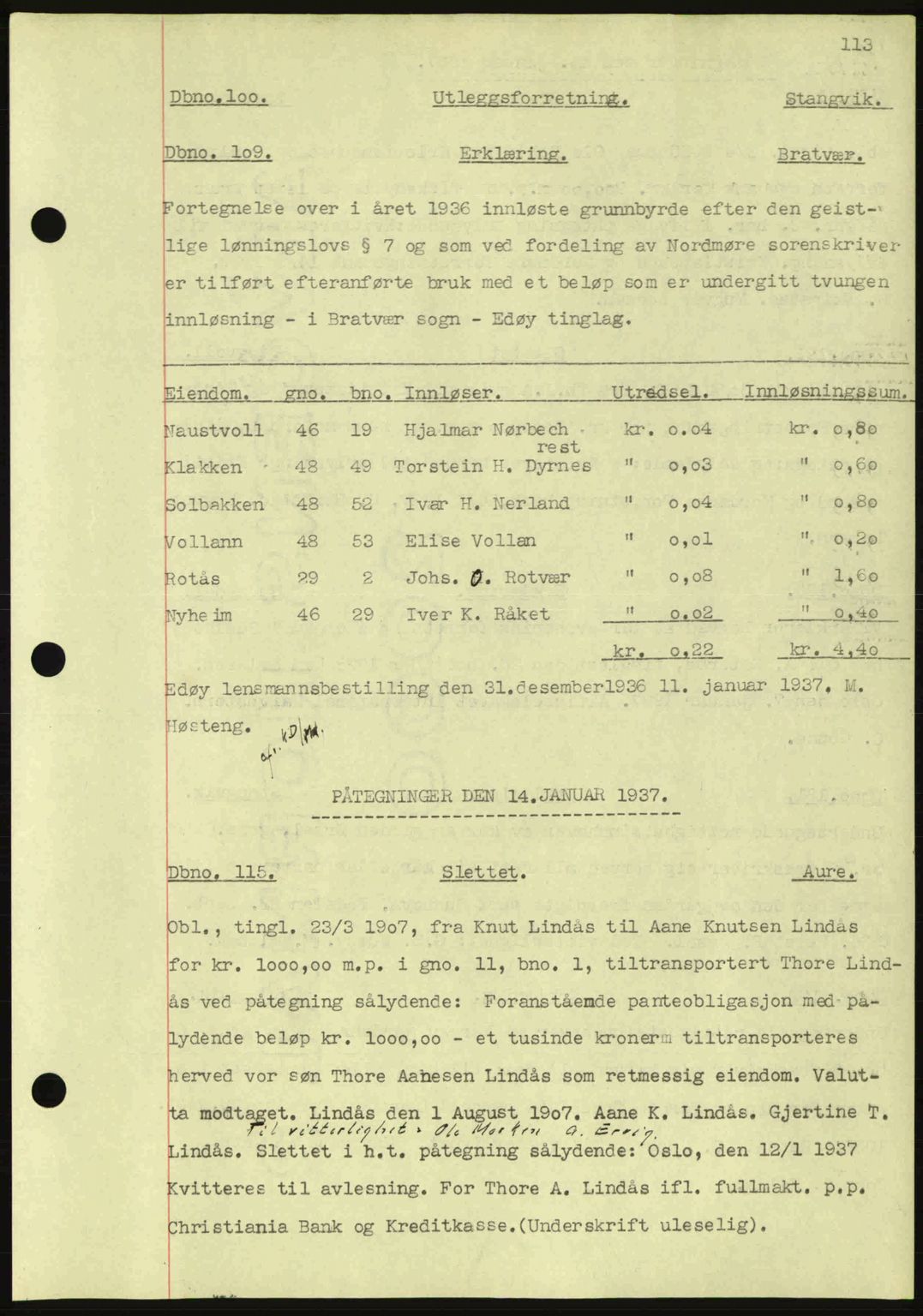 Nordmøre sorenskriveri, SAT/A-4132/1/2/2Ca: Pantebok nr. C80, 1936-1939, Dagboknr: 100/1937